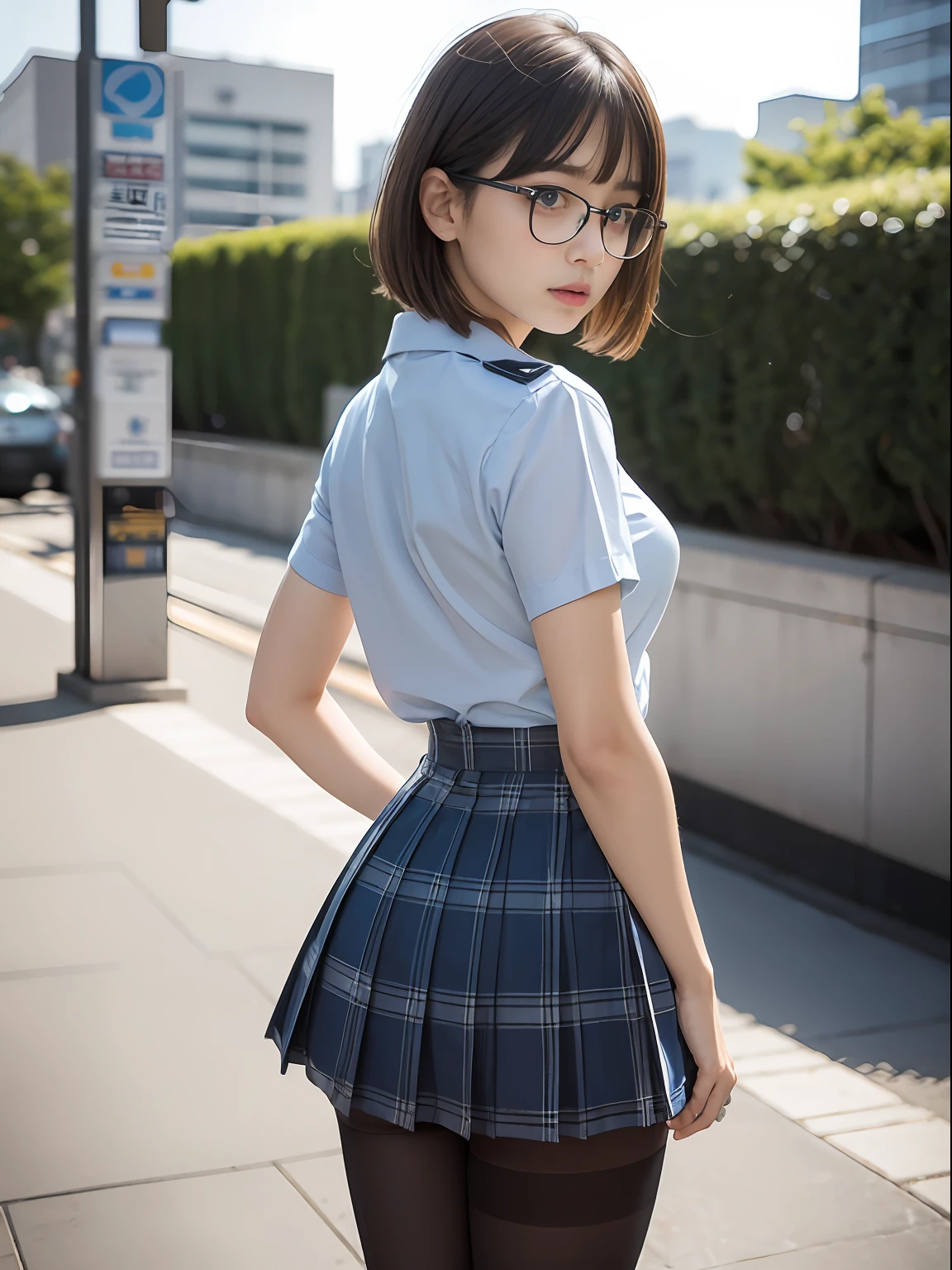 (8K、Raw photography、top-quality、masterpiece:1.2),big s,Bullish,Muchimuchi,Erotils,Light Blue Bra,de pele branca,kne,(Black pantyhose)rderes,a small face,small tits,flat breasrting the from the middle、Forehead visible,(a cold expression,Tight eyes,glares,Bullish,skinny,Rasping,irate)、masterpiece,top-quality、超A high resolution,Raw photo,ren,Beautiful fece,One Person, 独奏,eye glass,,Dark look,Small breasts,fullllbody,Round 、cute little、Back to Student,JK school uniform,hi-school girl,A Japanese Lady,is standing,(Photorealsitic:1.37)、Photon mapping,Realistic、Cute little face,Brown-eyed、Black socks、(Red bow tie)、Radio City、Physically Based Rendering、Foreground、depth of fields、Blurry background、a picture,The girls、Body,beauty legs, Long legs, Thin leg,Long bob cut,(Bangs are visible), hair, s lips, Blue_The eye, nosesoft,(Light blue shirt), (Navy and blue and white plaid pleated skirt), Knees are visible,Sheer clothing,, Thigh, Black cotton socks,Nogizaka Idol, 女優, Japanese ido