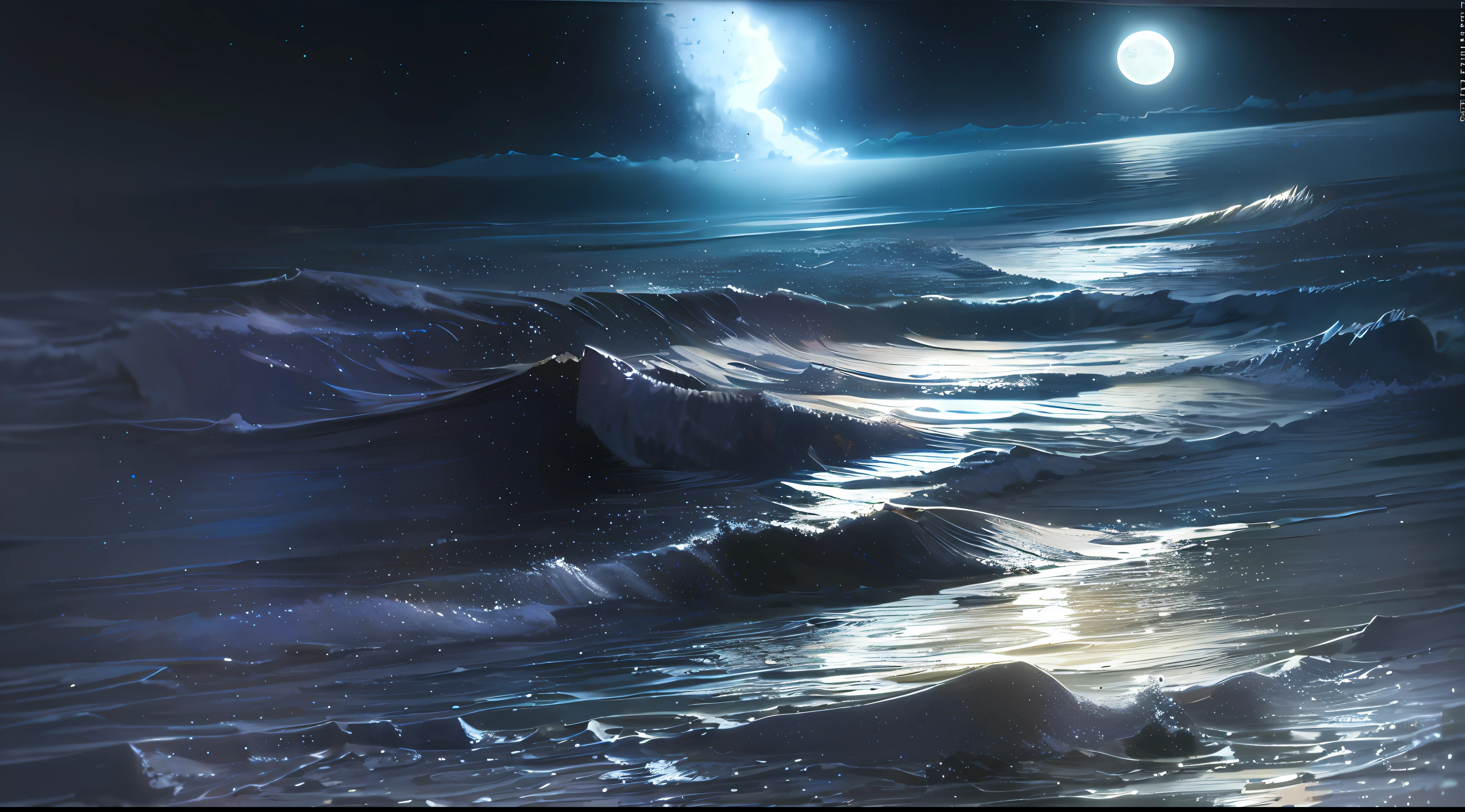 (moonlit night),(on the beach,crashing waves),(dramatic lighting),(silhouettes),(sparkling sand),(peaceful and relaxing atmosphere)