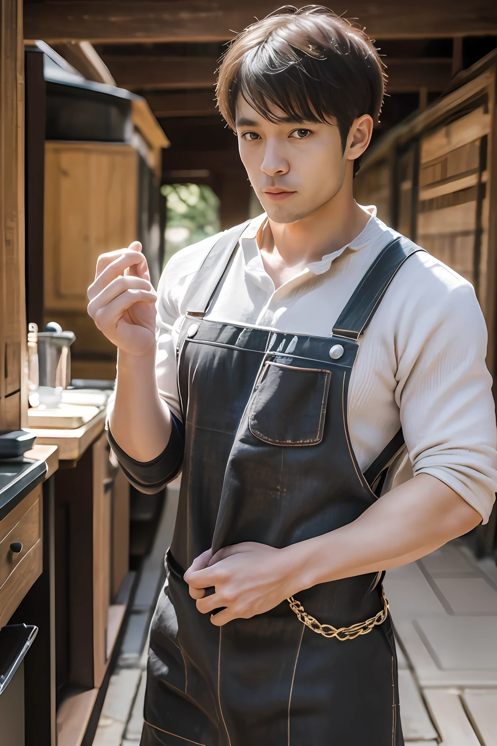 top-quality、masterpiece、超A high resolution、(realisitic:1.4)、详细的脸、独奏、1human male、The upper part of the body、Dark hair、glistning skin、dense skin、((asian human))、architectural、(absurderes、hight resolution、ultra-detailliert)、、1 male、Adults、(20-year-old man)、tall muscular man、broad shoulder、extra very short hair、angular jaws、thick neck、thick eyebrow、((extra very short hair))、A dark-haired、fine eyes and detailed face、 Highly detailed CG Unity 8K wallpapers、intricate-detail、(Style Swirl Magic:0.7)、looking at the spectator、独奏、(full body Esbian:0.6)、细致背景、A detailed face、dynamicposes、、Urban background、dynamic compositions、 big muscle、、(((Crotch bulge)))、 ((masutepiece:1.4, Best Quality)), ((masutepiece, Best Quality)), (photographrealistic:1.4)、(((pinafore)))、 Pubic hair, Open legs, , abdominals, ((Erection 1.2)), emphasis, (Moccoli: 1.4), (Manly chest plate)), Sweating,, Blood vessels in the arm、Charming and elegant man, Although dressed in lumberjack's clothes、With sample bib, high quality photograph, raw, In a detailed hut in the forest, Lumberjack Object Back Objects related to the kitchen prepared for breakfast. Gorgeous Guy With Short Machine Shave 3, Well done beard.Japan men、Cafe Clerk