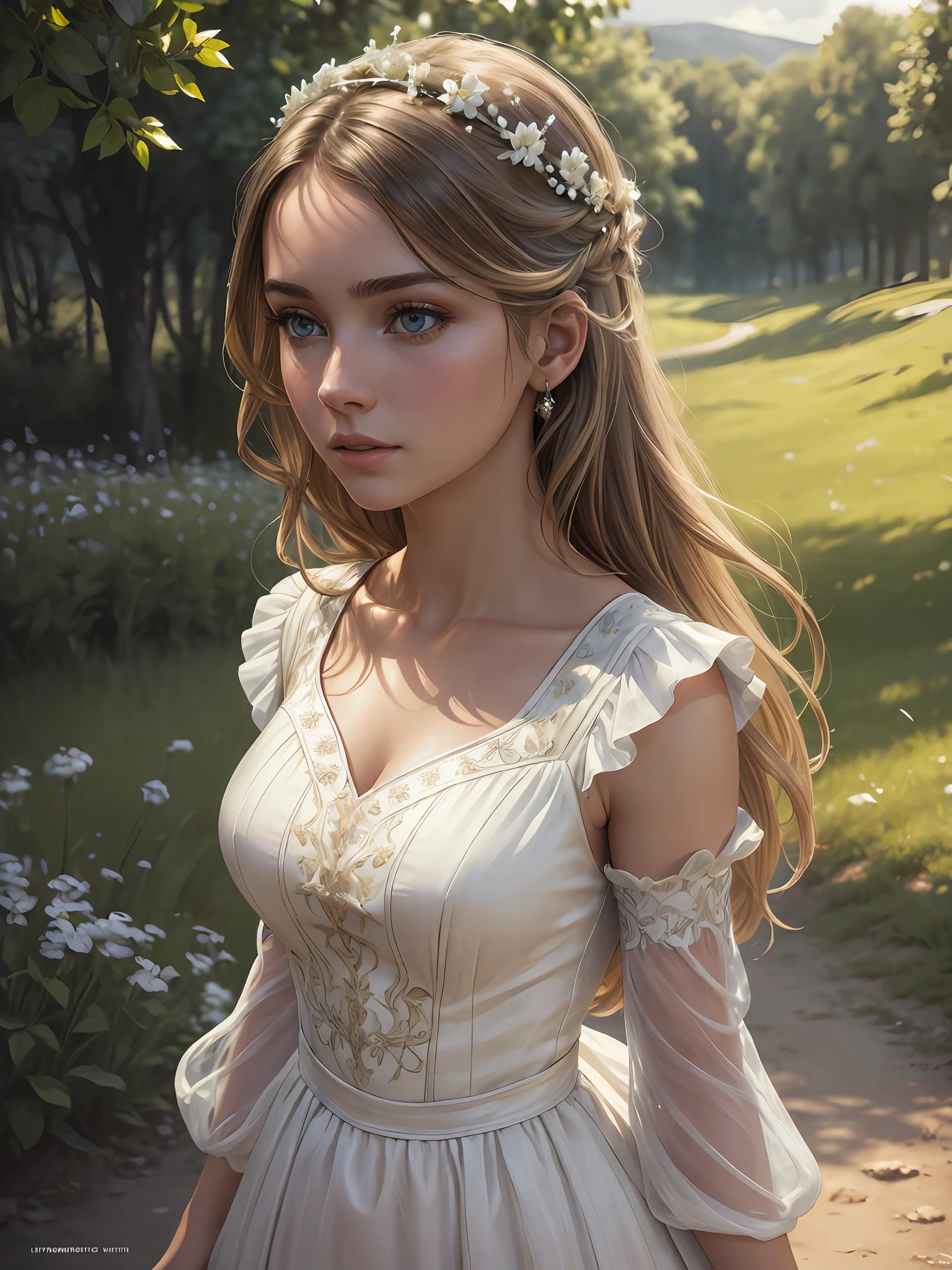 (masterpiece), (best quality), ((ultra-detailed)), (hyperrealistic), (highly detailed photo), cinematic lighting, photorealistic, extremely beautiful young lady in European countryside, intricate detailed white dress, shining, gloss, crisp, flirty, epic, focus, high contrast, artistic