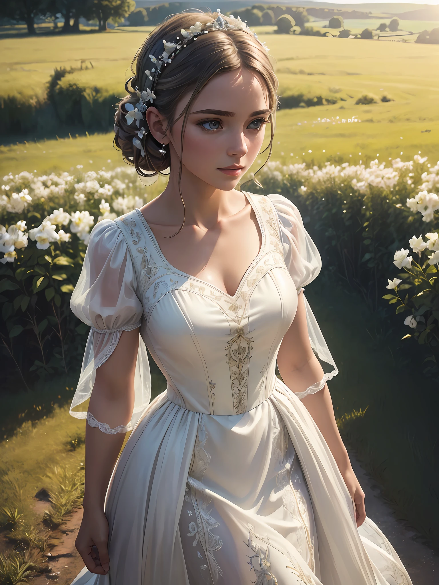 (masterpiece), (best quality), ((ultra-detailed)), (hyperrealistic), (highly detailed photo), cinematic lighting, photorealistic, extremely beautiful young lady in European countryside, intricate detailed white dress, shining, gloss, crisp, flirty, epic, focus, high contrast, artistic