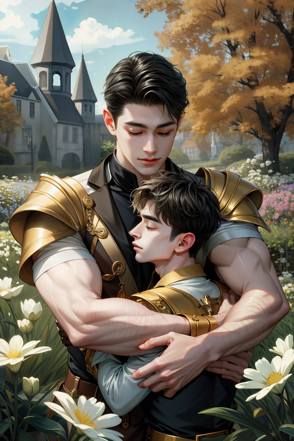 (absurdres, highres, ultra detailed),   1man hug 1man, (((multiple boys))), mature,   love,  hug, upper body,  gold and black hair, fantasy, spring, garden, closed mouth