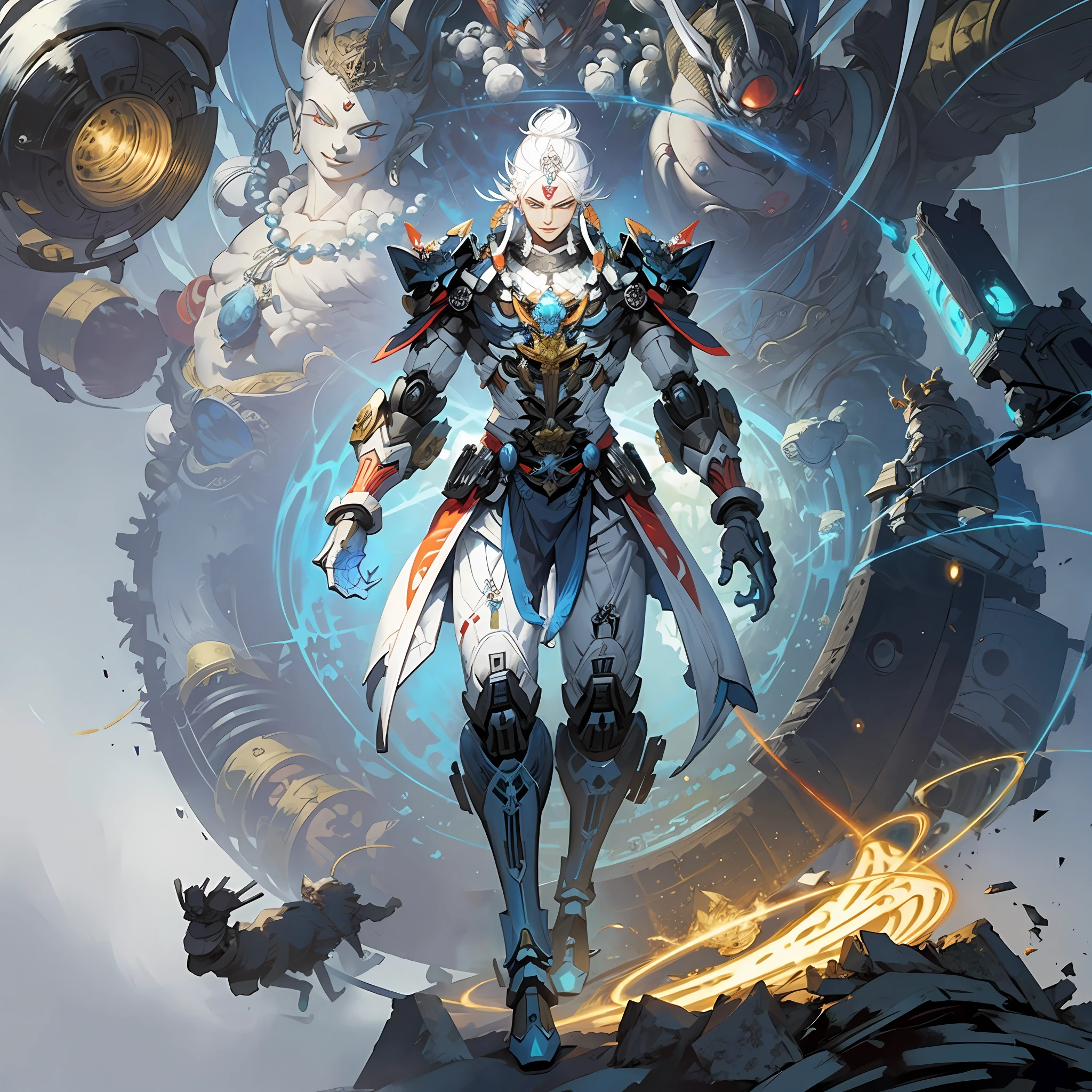 Fantz cartoon robot design, 1 boy, mecha, white hair, one blue eye, different pupils, Buddha beads, full body, proportions, glowing circle on the back