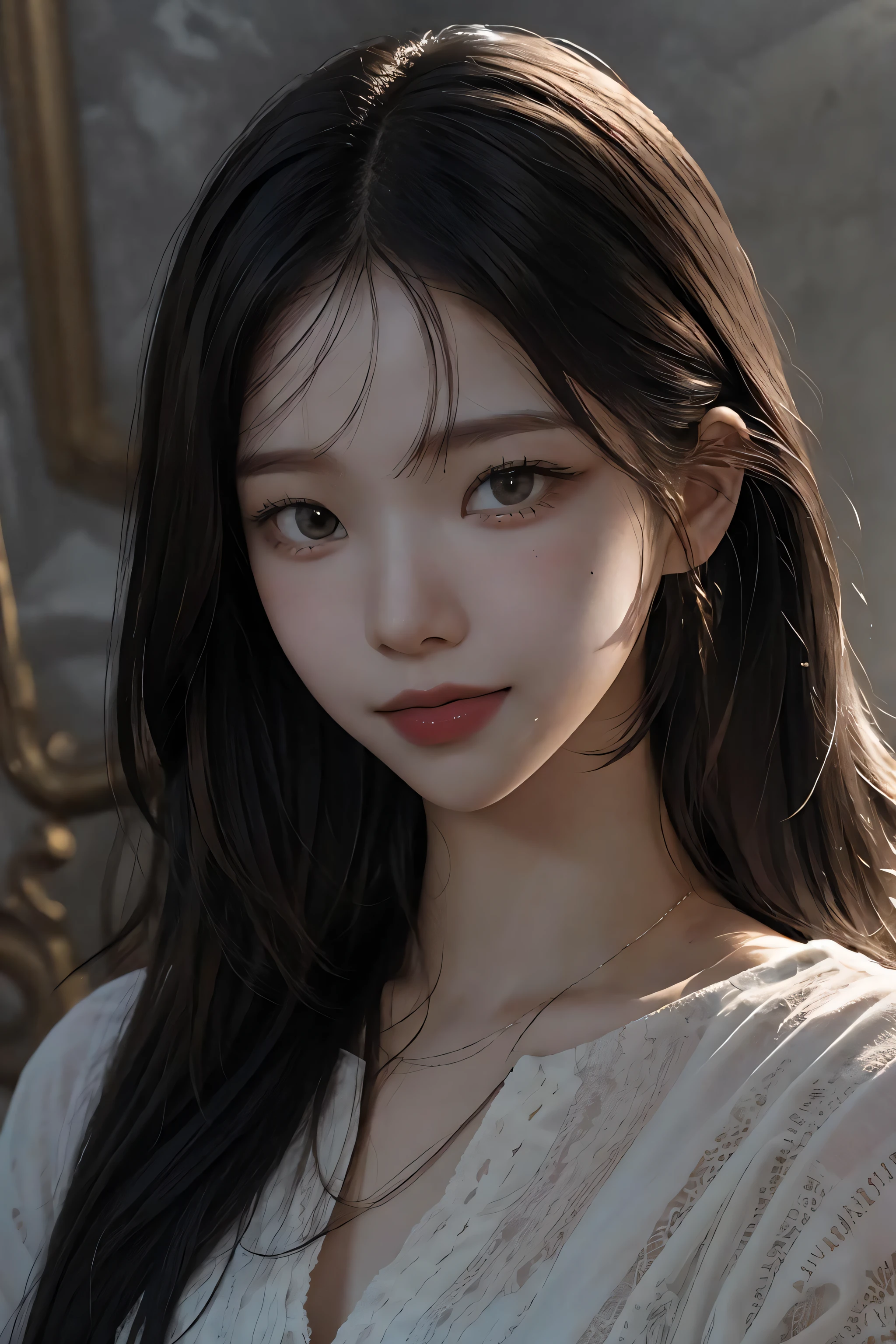 (RAW photo, best quality),(realistic, photorealistic:1.4), extremely delicate and beautiful, Amazing, finely detail, masterpiece, ultra-detailed, highres,best illustration, best shadow,intricate,depth of field,(closeup portrait of a young beautiful woman:1.2),long hair,low key,dark scene,dimly lit,(smile:1.3),(cinematic angle),sharp focus, volumetric fog, (looking at viewer), (face closeup), makeup, mole under lips,long straight hair