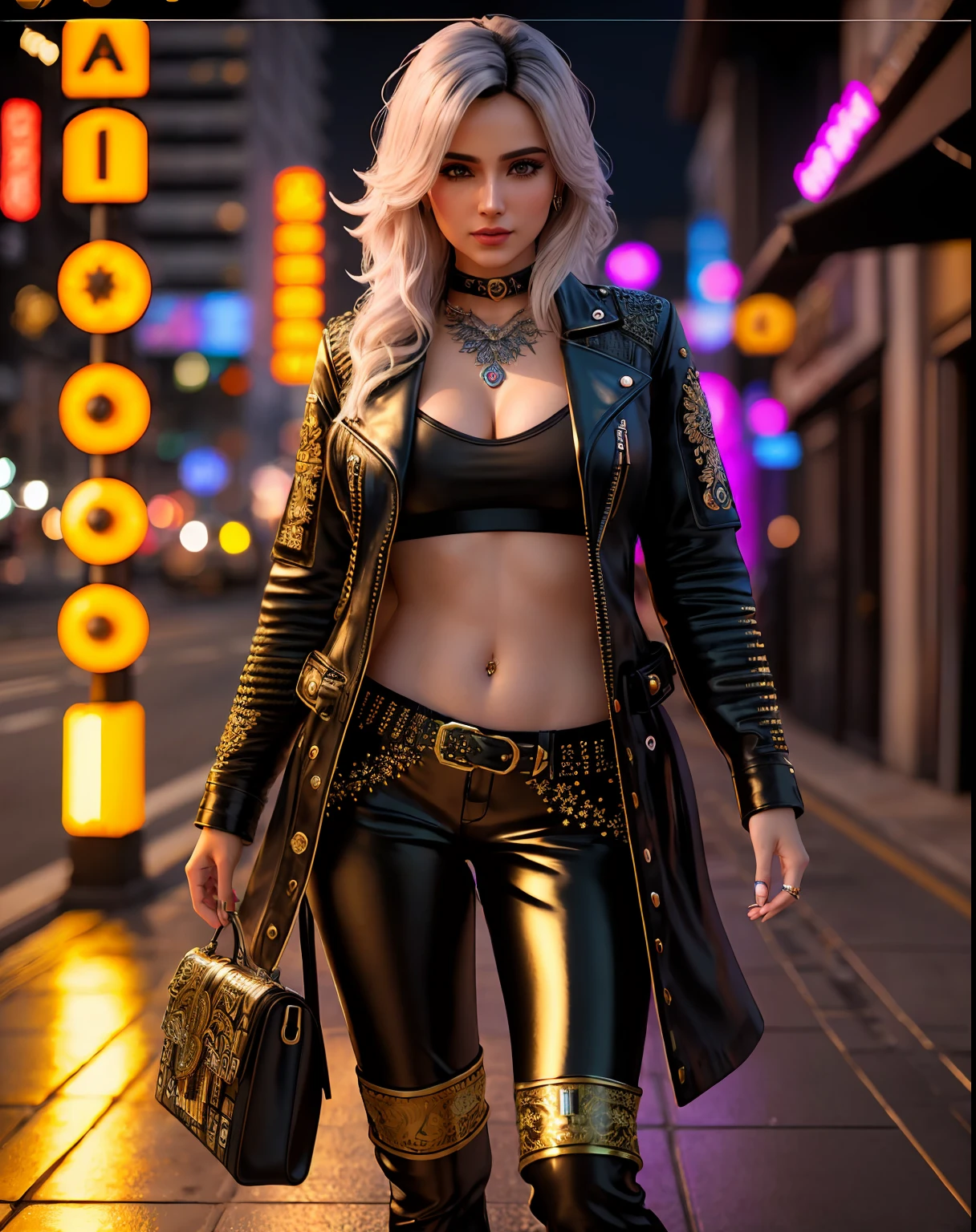 an ultra realistic portrait of a very beautiful indian woman posing for a photo in a leather jacket and cute pants on a street, extremely detailed facial features, hero pose colorful city lighting, seductive dark fantasy, model girl, in style, beautiful girl, beautiful woman model, realistic Barbie doll , realistic anime style, cute outfit, female anime girl, urban fantasy style,cinematic, Hyper-detailed, insane details, Beautifully color graded, Unreal Engine, DOF, Super-Resolution, Megapixel, Cinematic Lightning, Anti-Aliasing, FKAA, TXAA, RTX, SSAO, Post Processing, Post Production, Tone Mapping, CGI, VFX, SFX, Insanely detailed and intricate, Hyper maximalist, Hyper realistic, Volumetric, Photorealistic, ultra photoreal, ultra-detailed, intricate details, 8K, Super detailed, Full color, Volumetric lightning, HDR, Realistic, Unreal Engine, 16K, Sharp focus, cgsociety 9, fractal isometrics details bioluminescens : a stunning realistic photograph 28 years