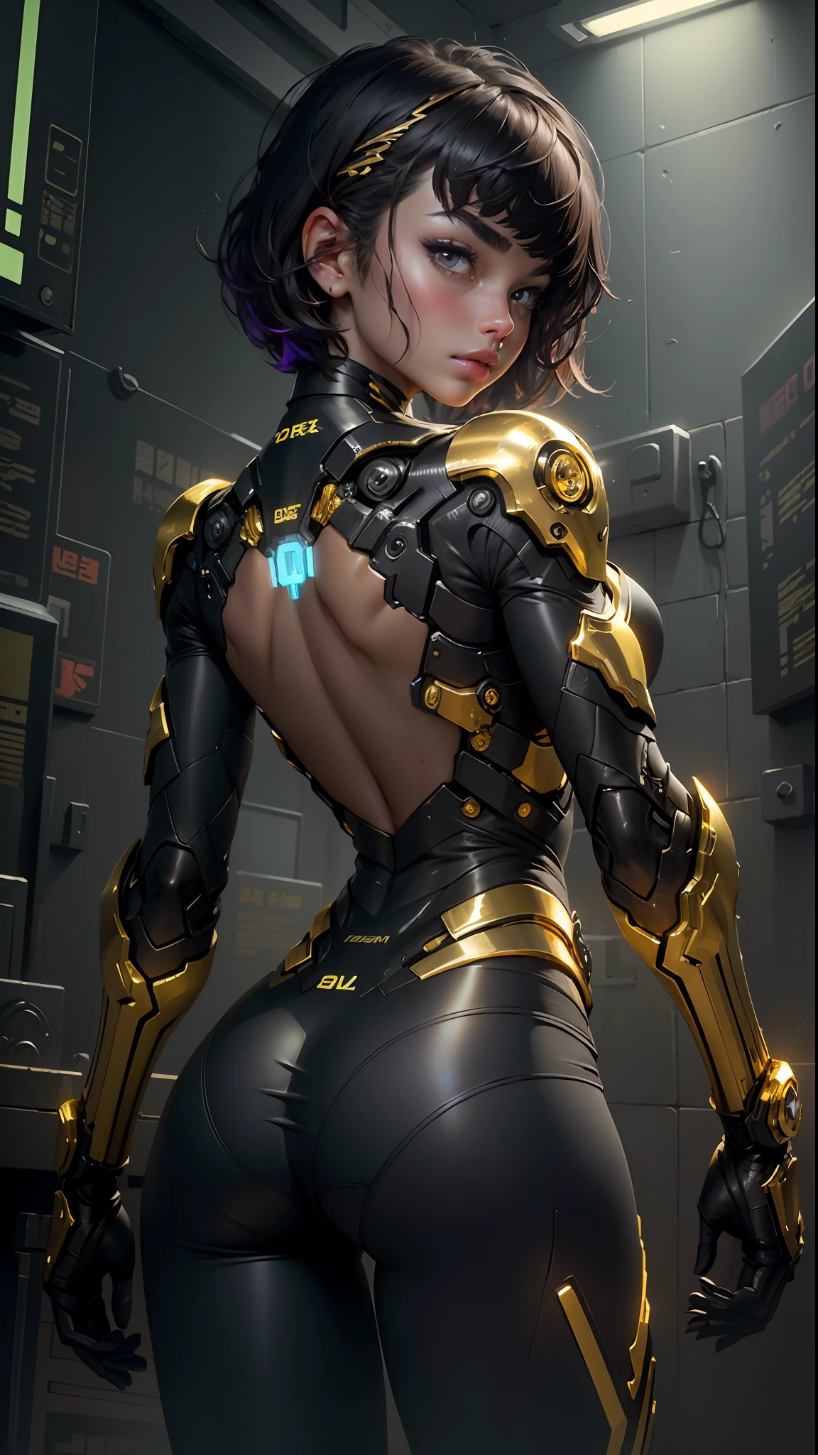 Beautiful cybernetic girl looking at camera underwear detailed muscles realistic masterpiece,Active Pose、action pose、LED Light、Gold Parts、bangs、Short Hair、back view、backs