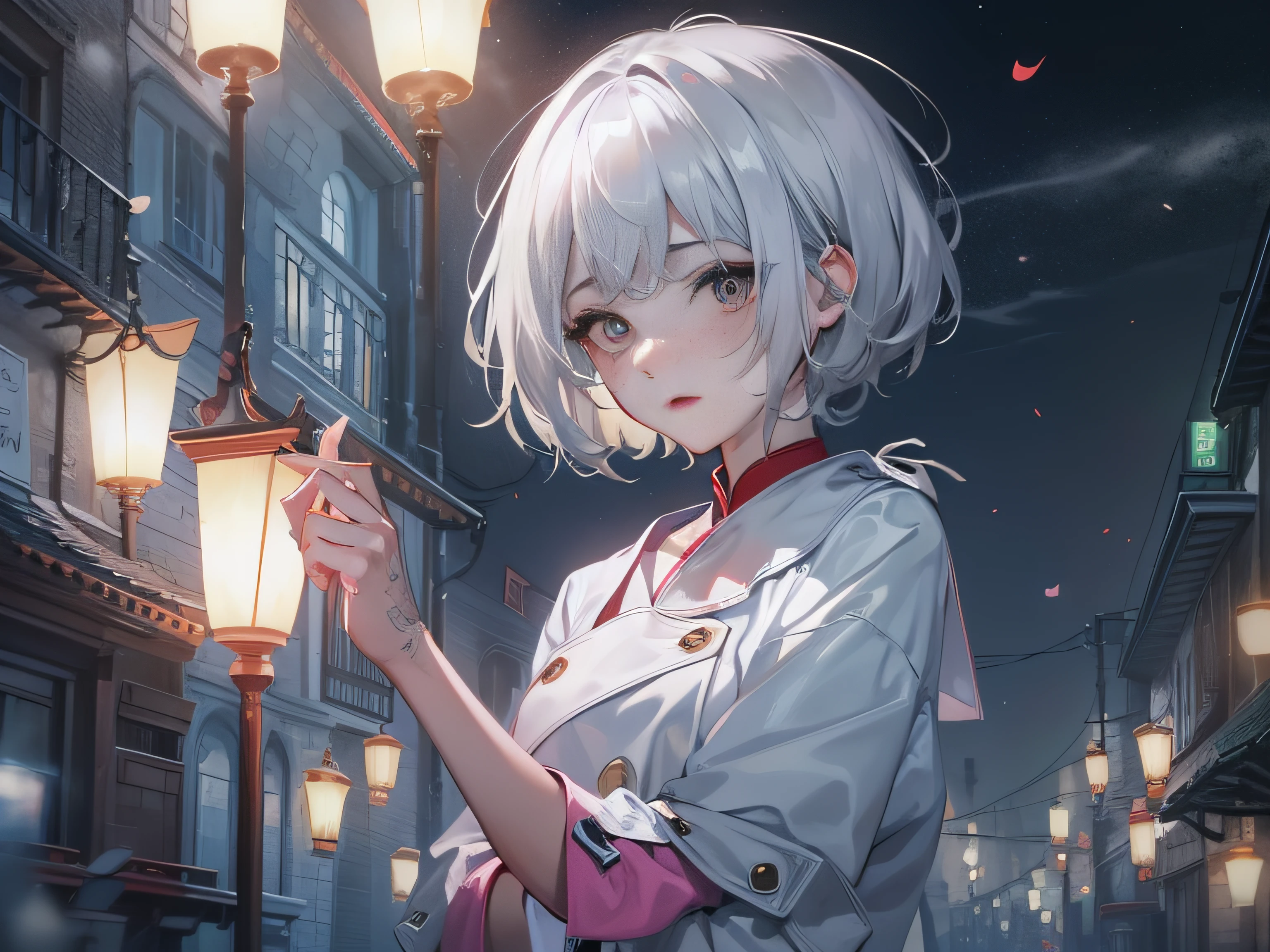 A 20-year-old girl with short silver hair and white half-sleeves,Escape in the night,The expression is panicked,NOWAI。grand master,tmasterpiece,8k wallpaper,CG,Ultra-high image quality,light and shadow effect