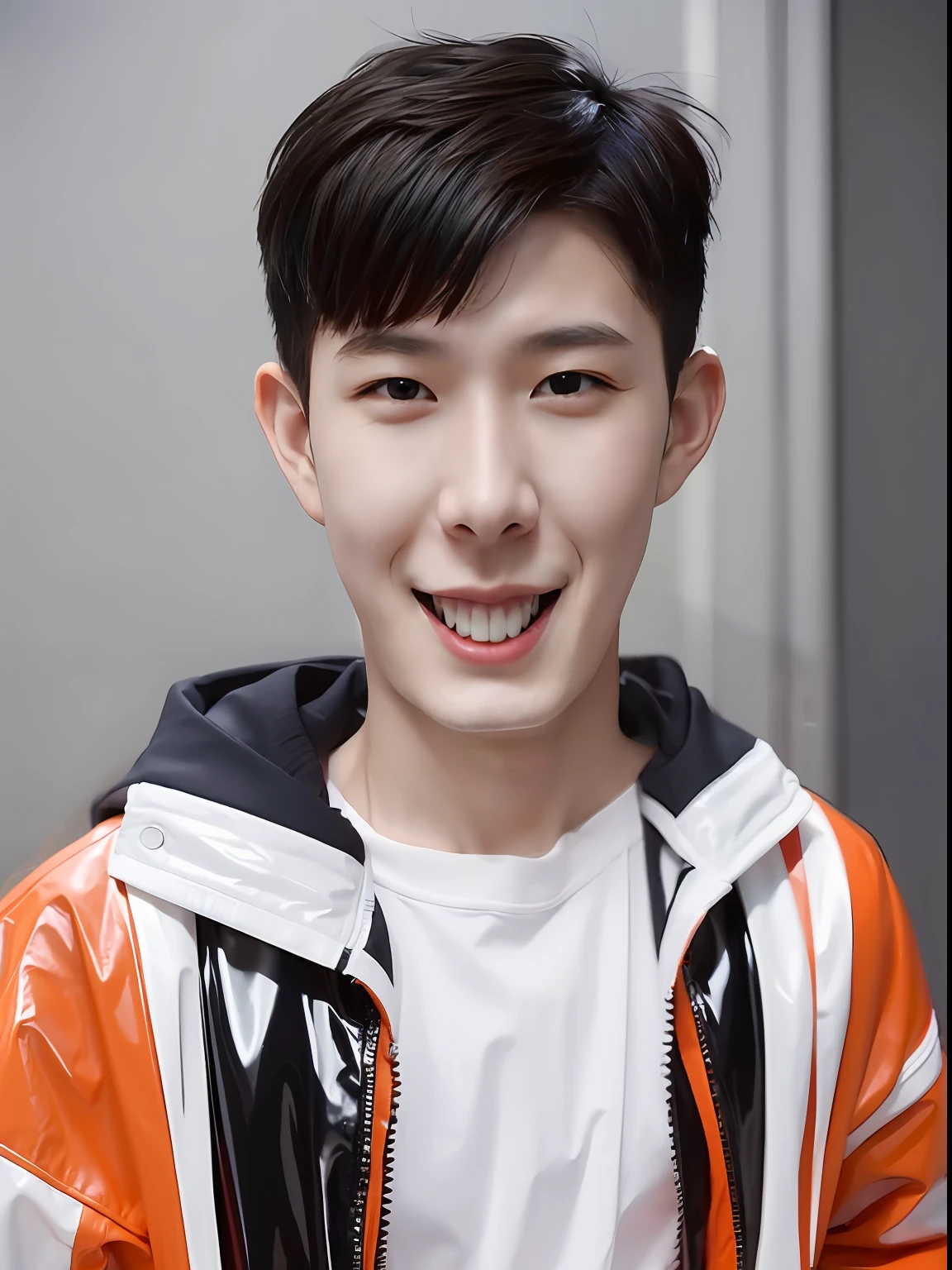 A male high school student，Wear a PVC jacket，Red and Hermes orange，light grey background