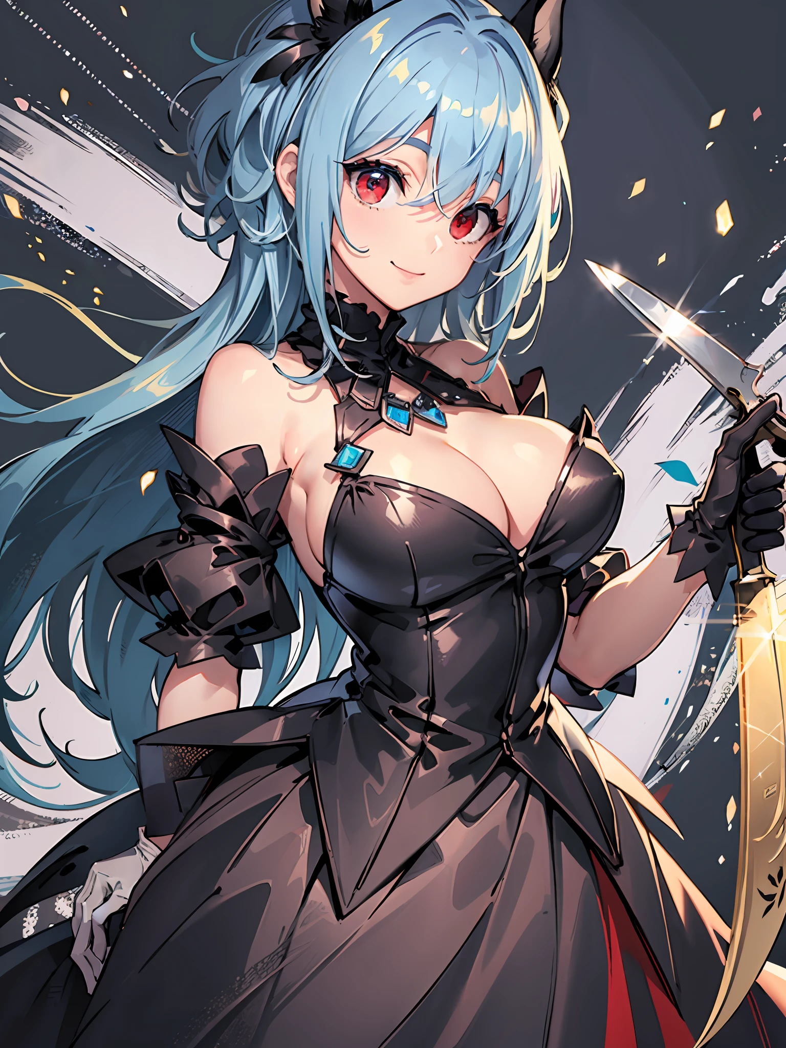 (illustration:1.1),(Best quality),(Masterpiece:1.1),(beautiful and clear background:1.25),(Masterpiece, Best quality, Ultra-detailed), (Photorealistic), (Beautiful detailed eyes),(Blue hair), （Single horsetail:1.1），
1girll,Solo,view the viewer,Upper body, Red eyes, black frilled dress，(Gray trench coat)，huge tit,Light smile,Depth of field,(White gloves:1.4),Frilled gloves,sweeping bangs, Visual lens,With a long knife in his hand