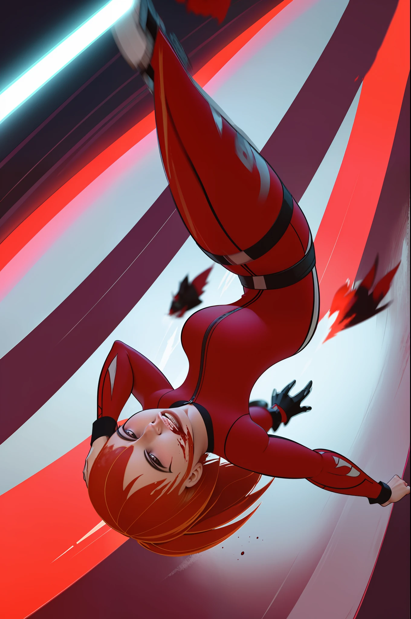 kim possible action shot of a blooded red liquid female assassin soaked in blood jumping in the air, air aerobatics, 360 flip jump flip