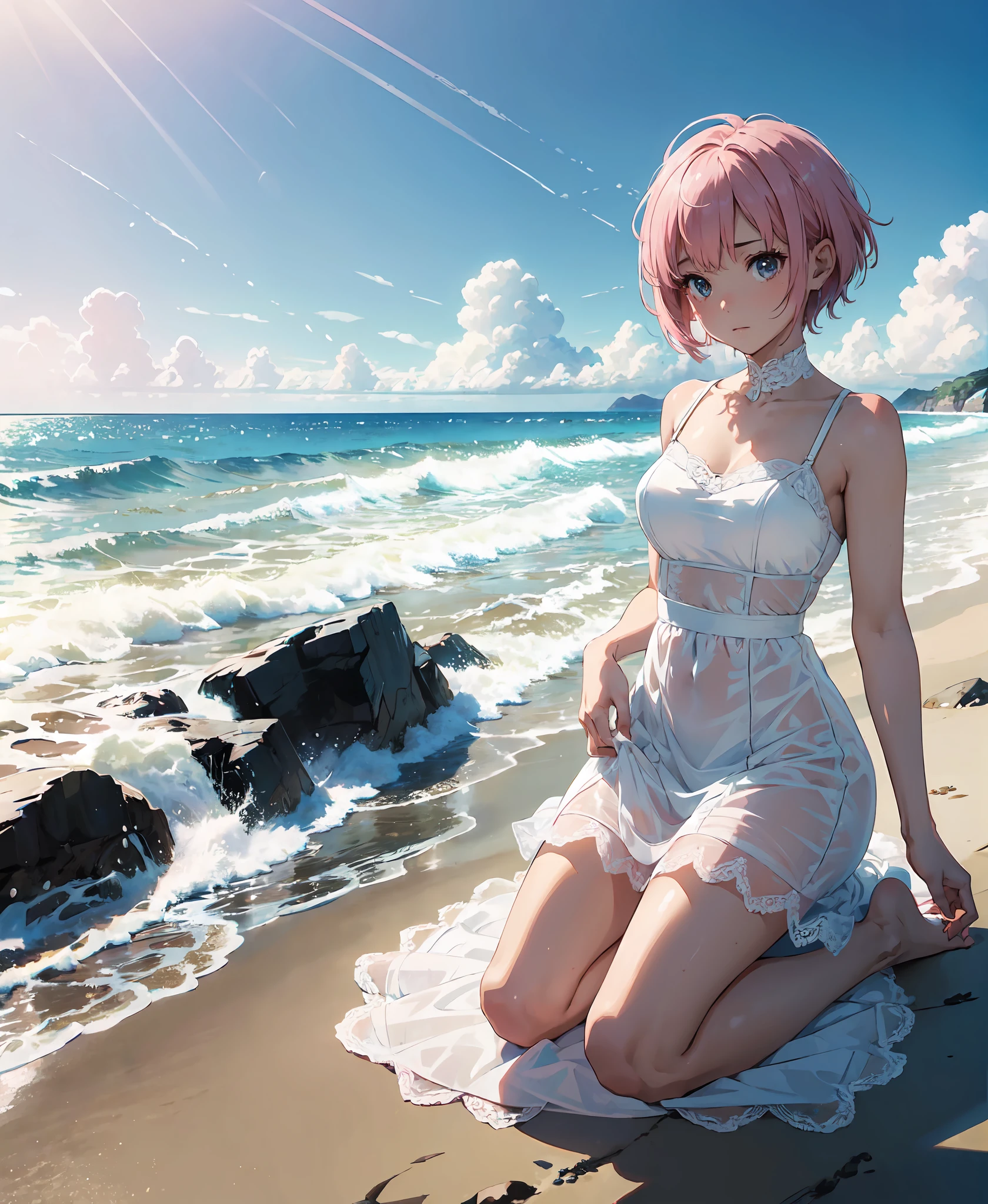 ((masterpiece, high quality)) 1girl, solo, beautiful girl with pink short hair, 20 years, wearing a tight string mini wedding lace dress, in a beach by the water, sad, sitting, kneeling, emotional, dynamic pose, movement, beachcore, cowboy shot.