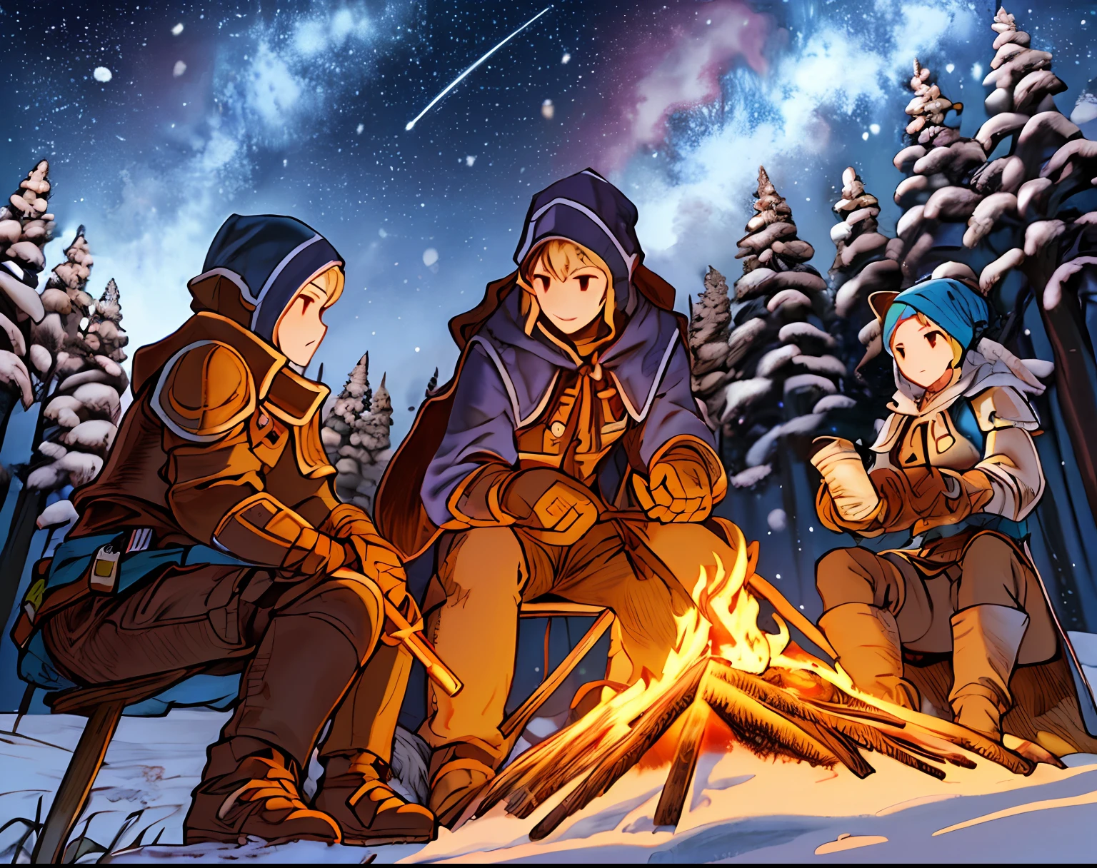 group of adventurers setting up a campfire under a stary night,
(masterpiece), best quality, highres, 4k, 8k, Detailed Illustration, intricate detail, snowfall, fireflies, amazing quality, 3girl, 3boy, together, fit female, amazing shading, soft lighting, facing camera, perfect eyes