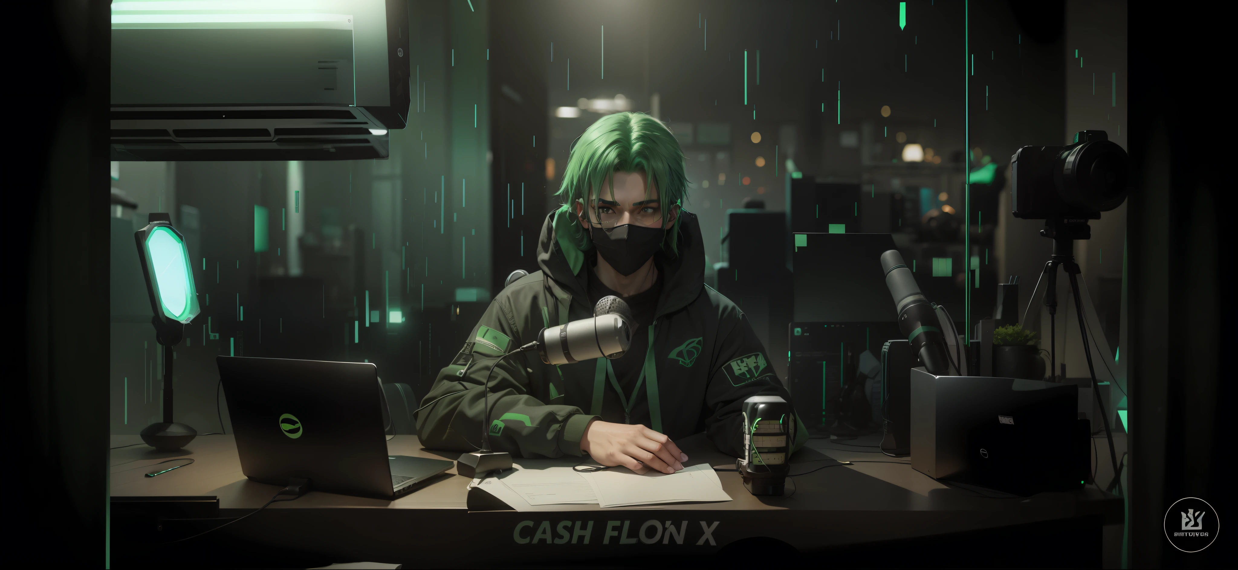 A man with green hair, a black laptop, microphone.