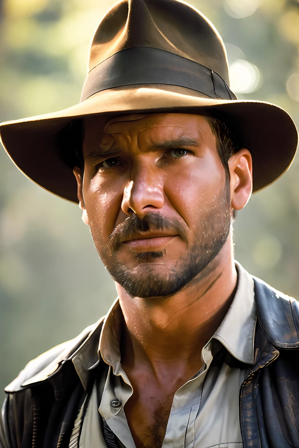 a Highly Detailed full body Photo of a man with a scruffy beard as Indiana Jones with hat, (Detailed Face), (perfect detailed eyes:1.1), (highly detailed skin:1.1),  perfect athletic body, Modelshoot style, Professional Photography, Dramatic lighting, PHOTOREALISTIC, Cinematic, Realistic, sunset, standing in a forest jungle background, RAW, analog, sharp focus, 8k, high resolution, DSLR, high quality, Fujifilm XT3, award winning, masterpiece