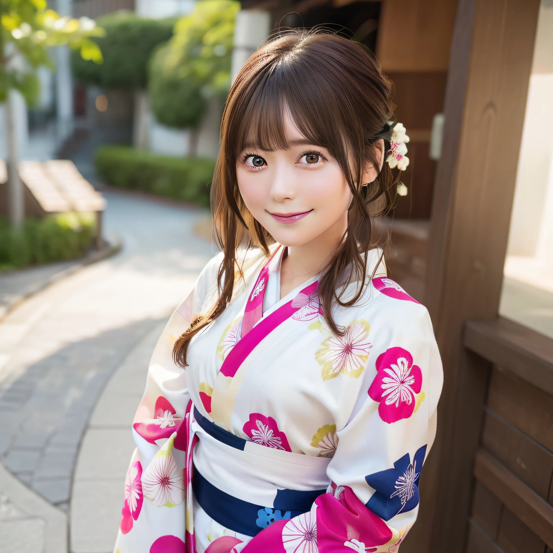 8K、Raw photo、Best Quality、 top-quality:1.1、 ​masterpiece:1.3、超A high resolution、nogizaka、Yukata with colorful and vivid patterns:1.5、Cute yukata、Summer Festivals:1.2、1日本人の女の子、 Cute、 (Upper knees:1.5, Side from:0.8)、 natural skin textures:1.1, realistic eyes and face details:1.3, Full lips,(Background is blurry:1.4)、 (Shy smile)、Fluffy cute yukata obi:1.2、 (Dark brown eyes), Smooth skin, (Brown medium hair,Bangs), (touch hair:1.4)、full bodyesbian、is standing、food stand、Uchiwa