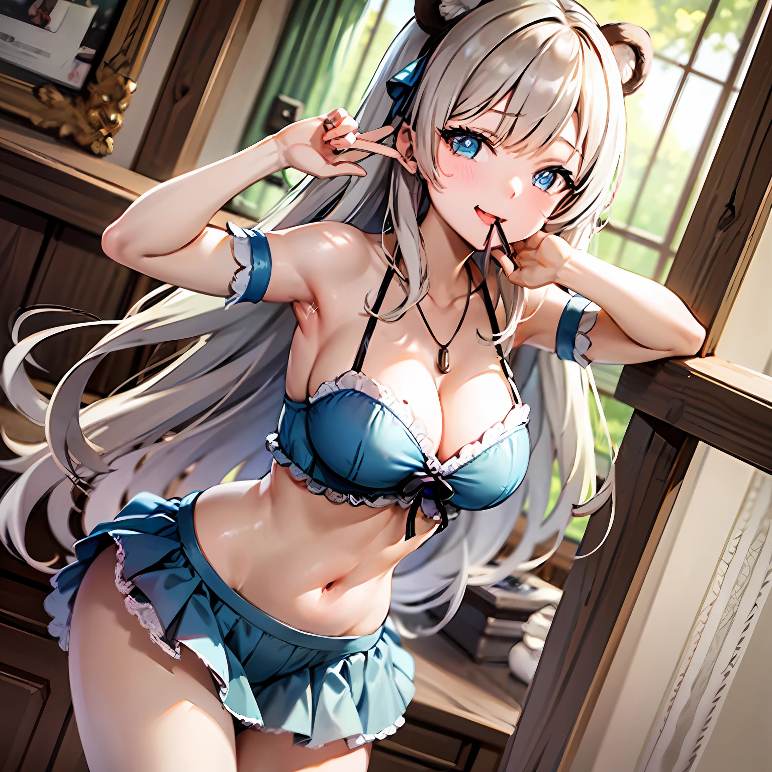 (bend over:1.4),(tmasterpiece:1.2,best qualtiy),(Real pictures,intricately details),1girll,独奏,absurderes,cowboy lens,standing on your feet,exteriors,:3,ssmile,bear girl,Bear ears,((light pink dress)),frilld,very detailed dress,white thighhig,platinum blond hair,Gray-blue eyes,long whitr hair,((Red strawberry necklace)),ssmile,with her mouth open,A fang,Bedrooms,Raised sexy,seductiv,,sleevelessdress,Behind the arm,