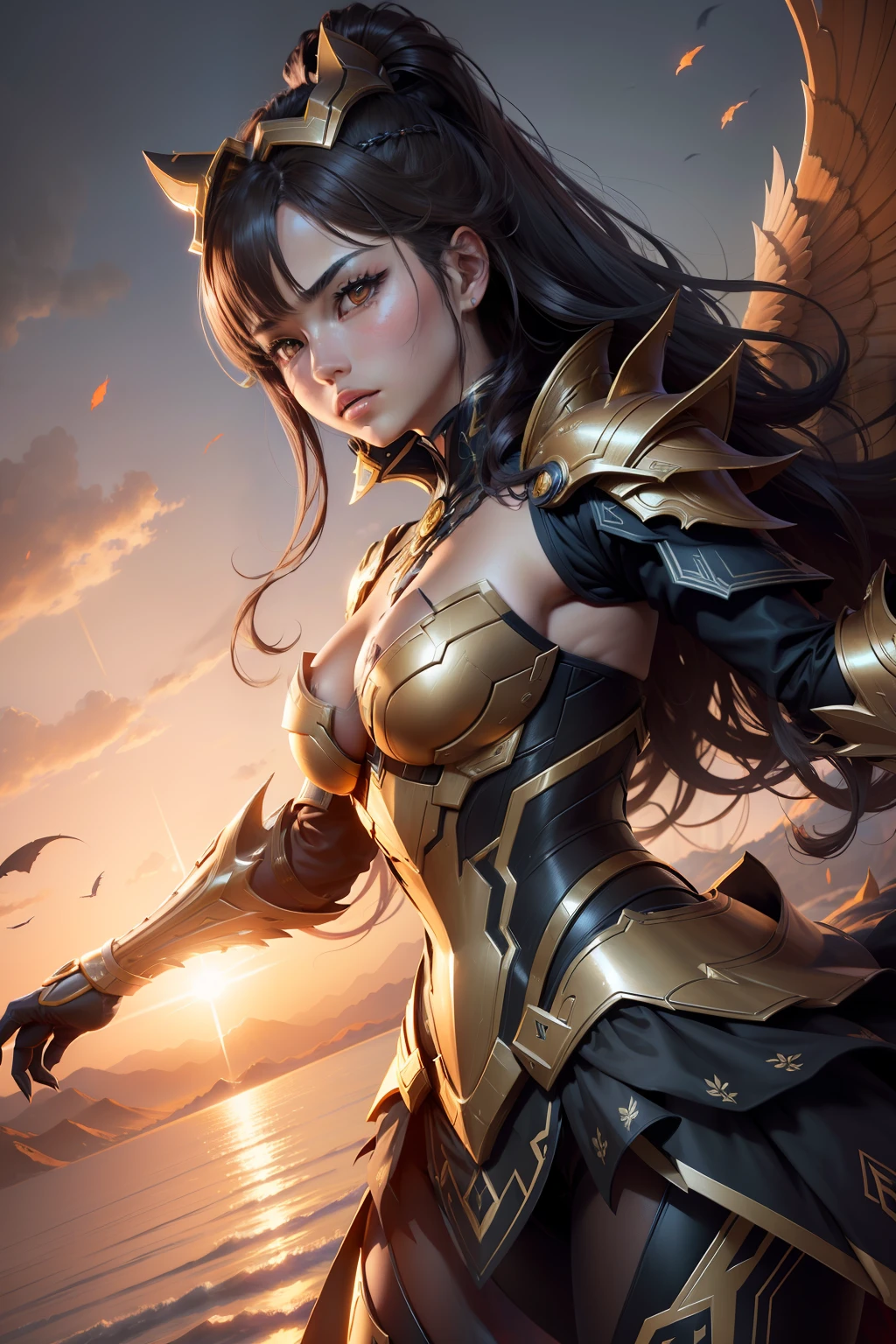 1 girl, glowing eyes, golden armor, reflective, sunshine , blue sky, dramatic lighting, (masterpiece:1.2), best quality, high resolution, beautiful detailed, extremely detailed, perfect lighting, 1 japanese, WARFRAME, prime,rhino prime,volt prime,saryn prime dynamic pose, intricate pattern, heavy metal, energy lines, faceless, glowing eyes, long brown hair, wind blown hair, elegant, intense, blood orange and black uniform, white wings, solo, desert, sunny, bright, claws, dramatic lighting, (masterpiece:1.2), best quality, high resolution, beautiful detailed, extremely detailed, perfect lighting, zhongfenghua, from below