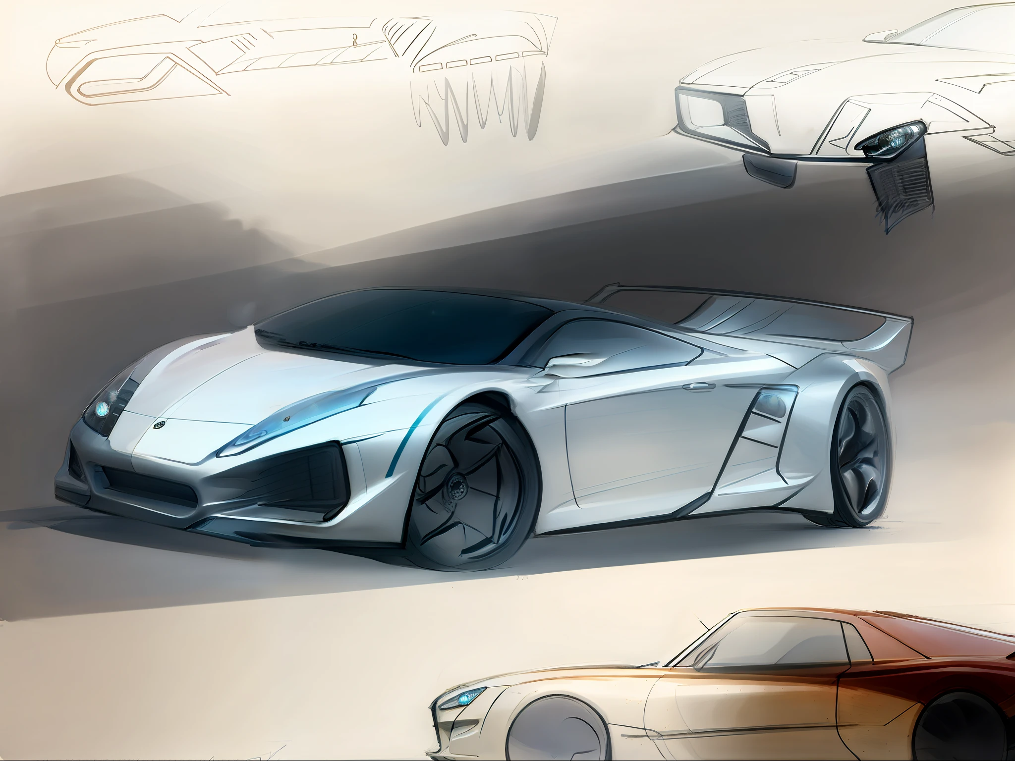 Sketches of a sports car and a car with a hood, car sketch, concept sketches, car concept, concept design, car design, high quality of sketching, professional sketch, concept car design, a sketch, conceptual drawing, matte sketch, high quality sketch, Concept car, detailed but rough, concept art sketch, vehicle concept photo!!, car concept art, modern car design