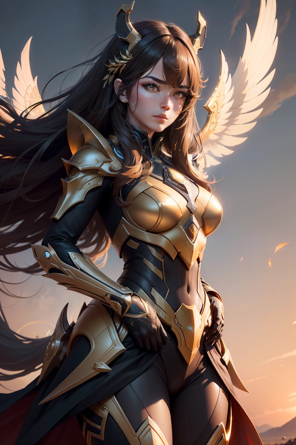 1 girl, glowing eyes, golden armor, reflective, sunshine , blue sky, dramatic lighting, (masterpiece:1.2), best quality, high resolution, beautiful detailed, extremely detailed, perfect lighting, 1 japanese, WARFRAME, prime,rhino prime,volt prime,saryn prime dynamic pose, intricate pattern, heavy metal, energy lines, faceless, glowing eyes, long brown hair, wind blown hair, elegant, intense, blood orange and black uniform, white wings, solo, desert, sunny, bright, claws, dramatic lighting, (masterpiece:1.2), best quality, high resolution, beautiful detailed, extremely detailed, perfect lighting, zhongfenghua, from below