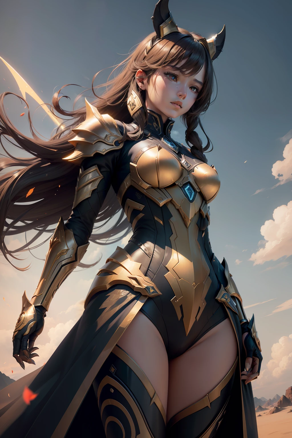 1 girl, glowing eyes, golden armor, reflective, sunshine , blue sky, dramatic lighting, (masterpiece:1.2), best quality, high resolution, beautiful detailed, extremely detailed, perfect lighting, 1 japanese, WARFRAME, prime,rhino prime,volt prime,saryn prime dynamic pose, intricate pattern, heavy metal, energy lines, faceless, glowing eyes, long brown hair, wind blown hair, elegant, intense, blood orange and black uniform, white wings, solo, desert, sunny, bright, claws, dramatic lighting, (masterpiece:1.2), best quality, high resolution, beautiful detailed, extremely detailed, perfect lighting, zhongfenghua, from below