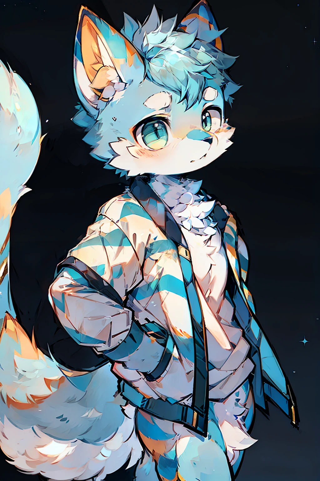 background starry sky，boy，adolable，Playful，The theme color is light blue，It has star-like stripes on the body，Species fox