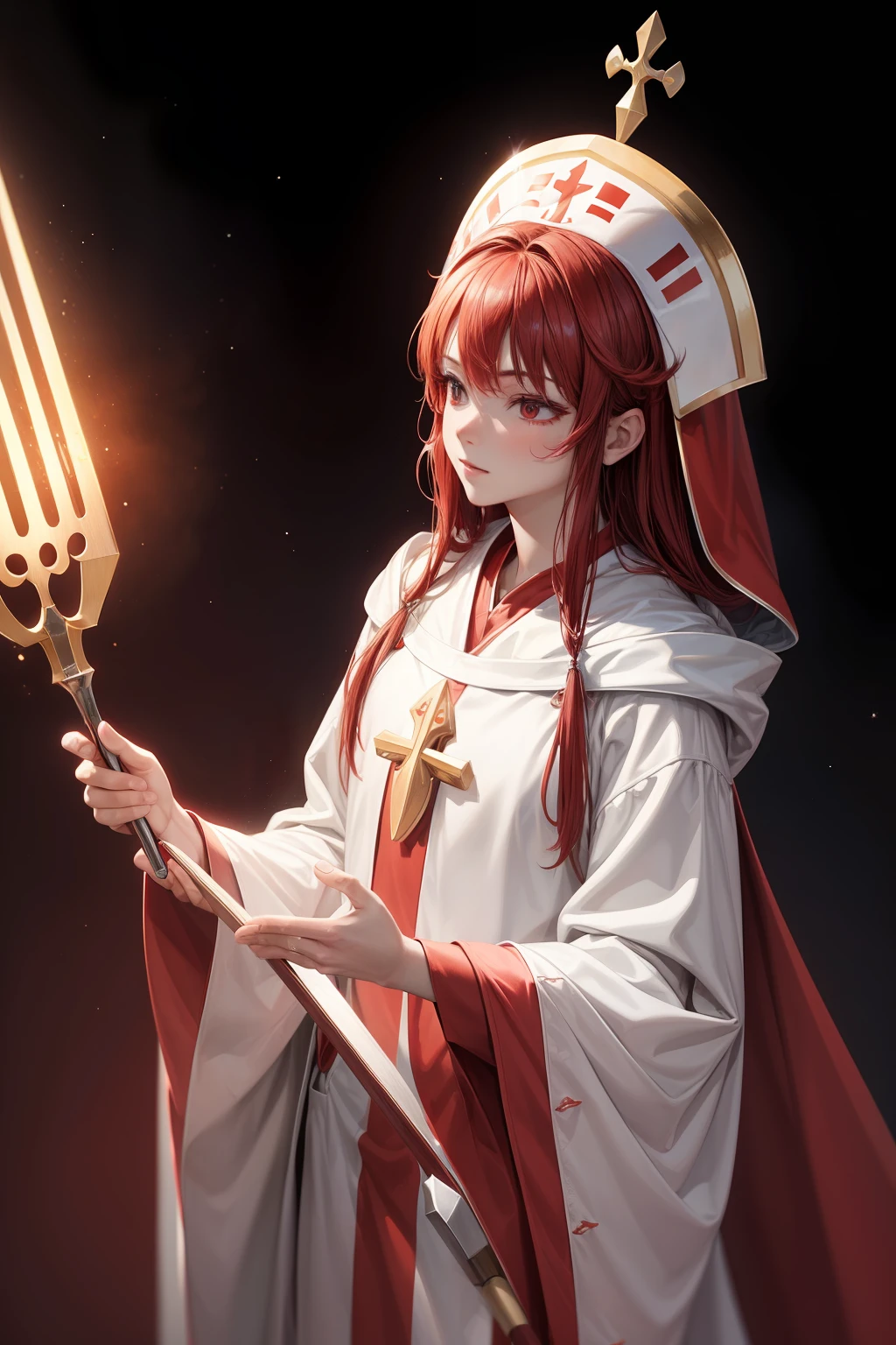 1 beautiful spatula priest, red and white priest robe, hight detailed, ray tracing, space background, perfect, ultra high detailed, highly detailed face