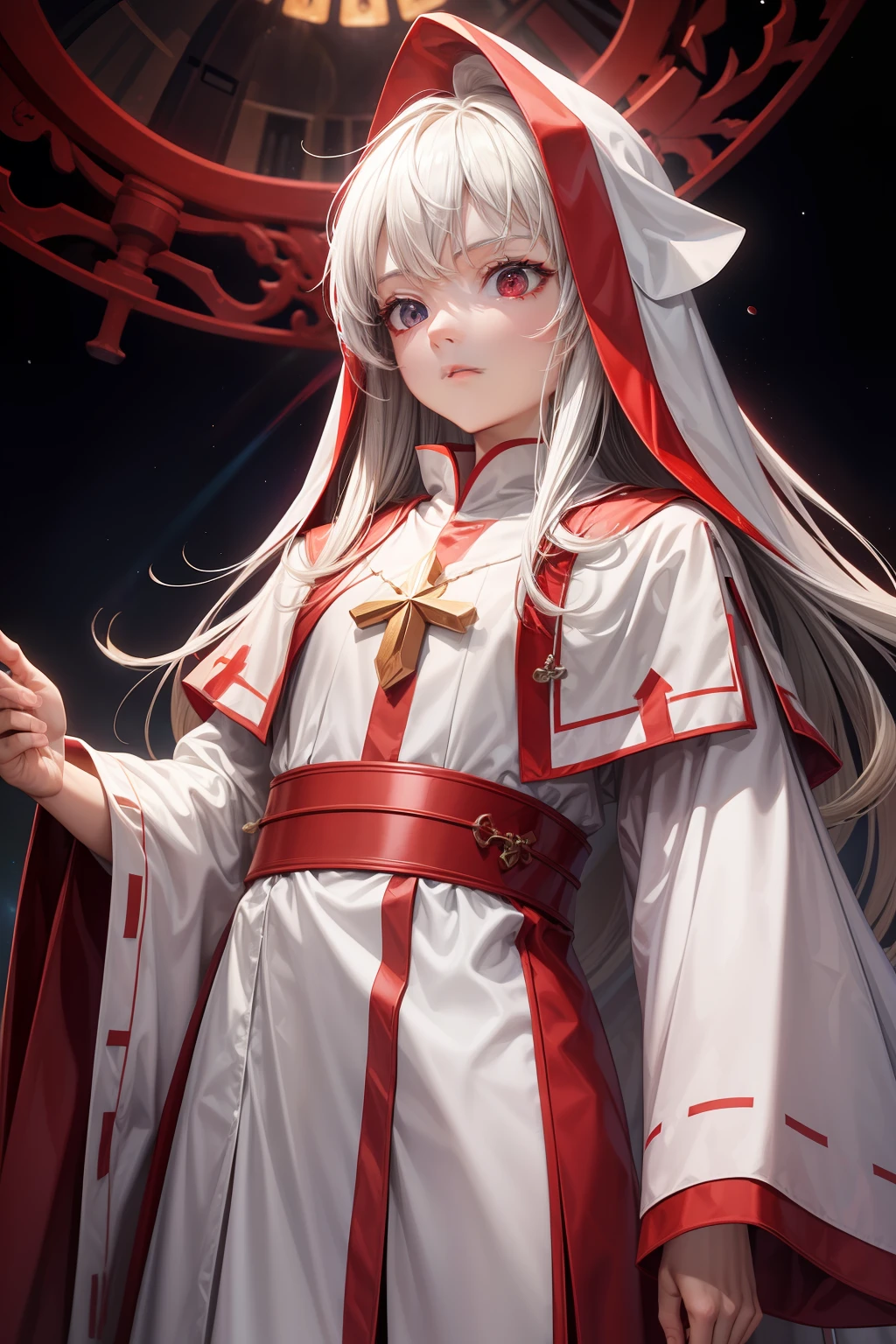 1 beautiful spatula priest, red and white priest robe, hight detailed, ray tracing, space background, perfect, ultra high detailed, highly detailed face