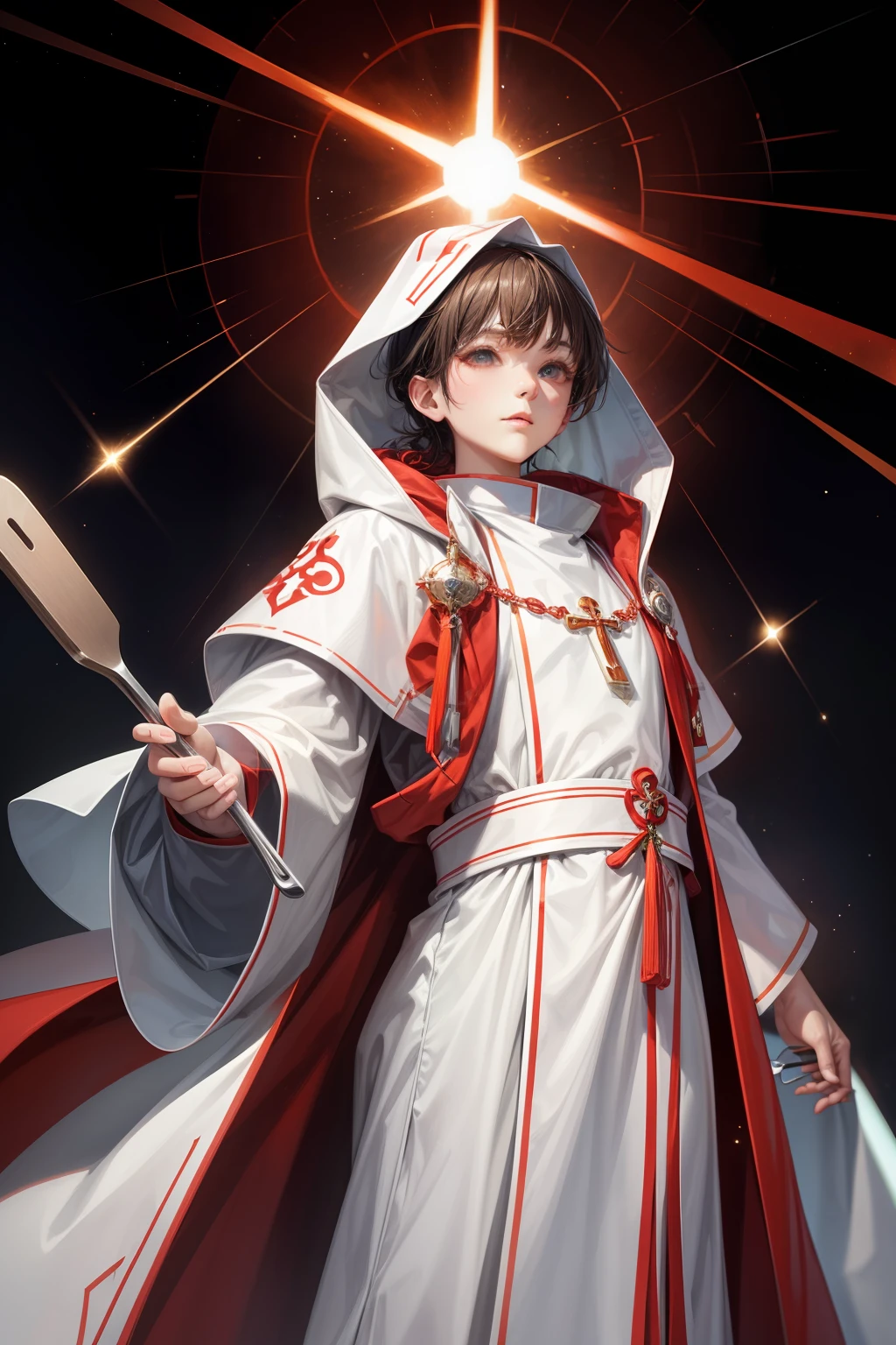 1 beautiful spatula priest, red and white priest robe, hight detailed, ray tracing, space background, perfect, ultra high detailed, highly detailed face
