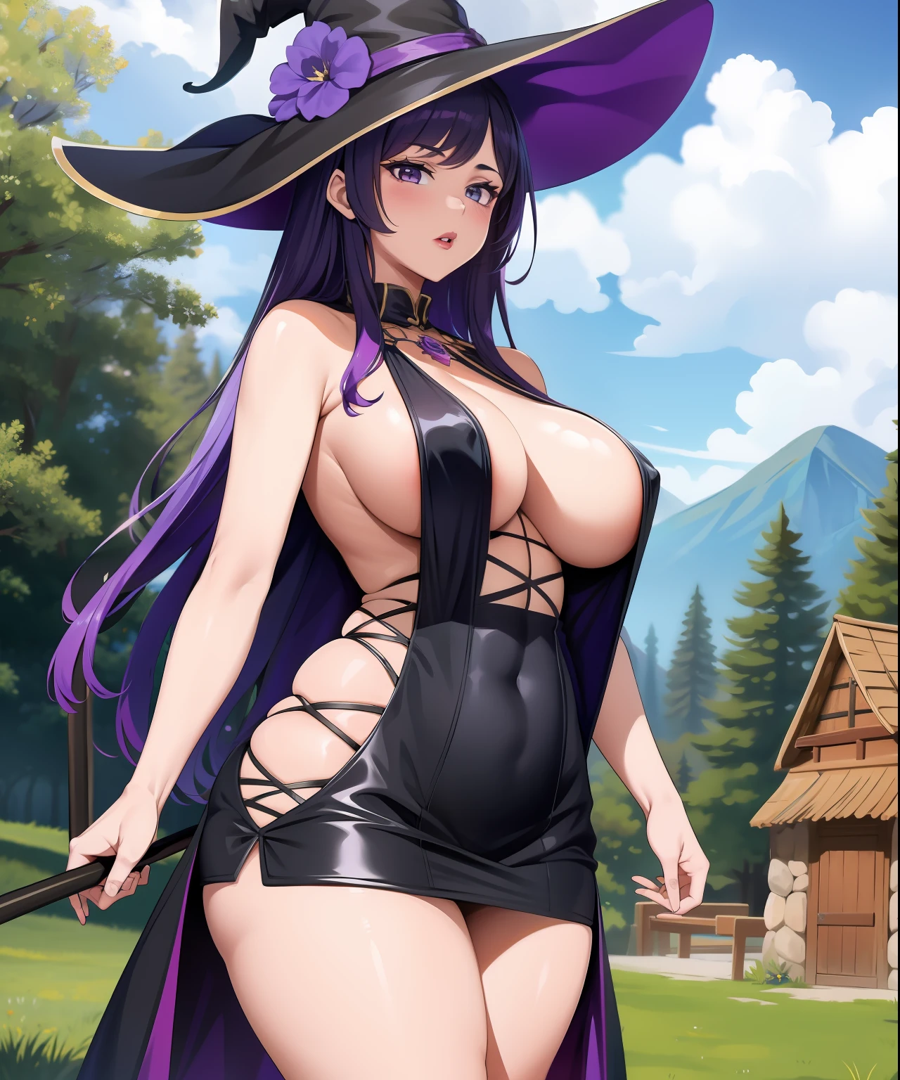 1fille, (((bimbo))),sorceress, puffy lips, painted lips, thick lips. long cheveux, (purple hair), hanches larges, thick thighs, bursting breasts, gros seins, Witch's dress, robe sexy noire, magic staff, Black witch's hat, plaine verdoyante, quelques nuages, colorful flower, montages en fond, Small wooden village on the right,