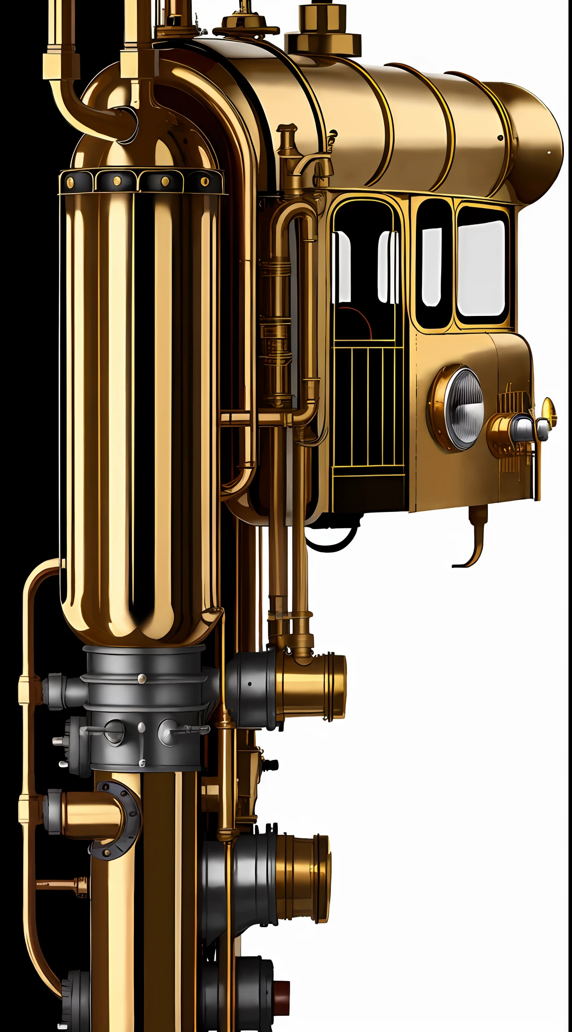 school bus、steampunc、from side view、brass、steel、Great photos of pipes、White background