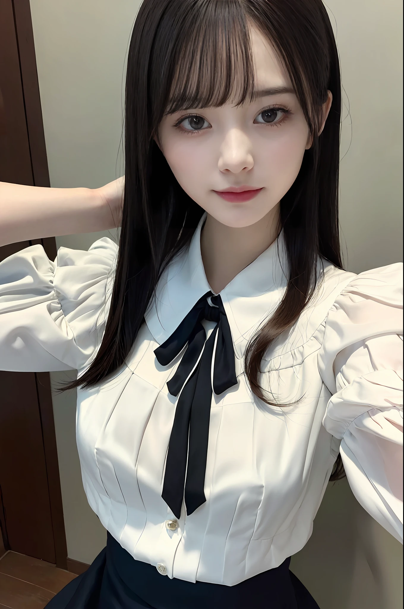 selfee:0.9、(Raw photography、top-quality)、(realisitic)、a picture、top-quality、​masterpiece、extremely delicate and beautiful、ighly detailed、nffsw、Unity、2k wallpaper、detaile、​masterpiece、top-quality、huge filesize、ultra-detailliert、hight resolution、ighly detailed、1girl in、Slim body、(puff sleeve blouse:1.1)、(uniformss:1.1)、(pleatedskirt:1.1)、Porcelain Skin、(A dark-haired)、(hair adornments)、see the beholder、close up of face、straight haired、 extra detailed face, extremely detailed eye, seducting smile,