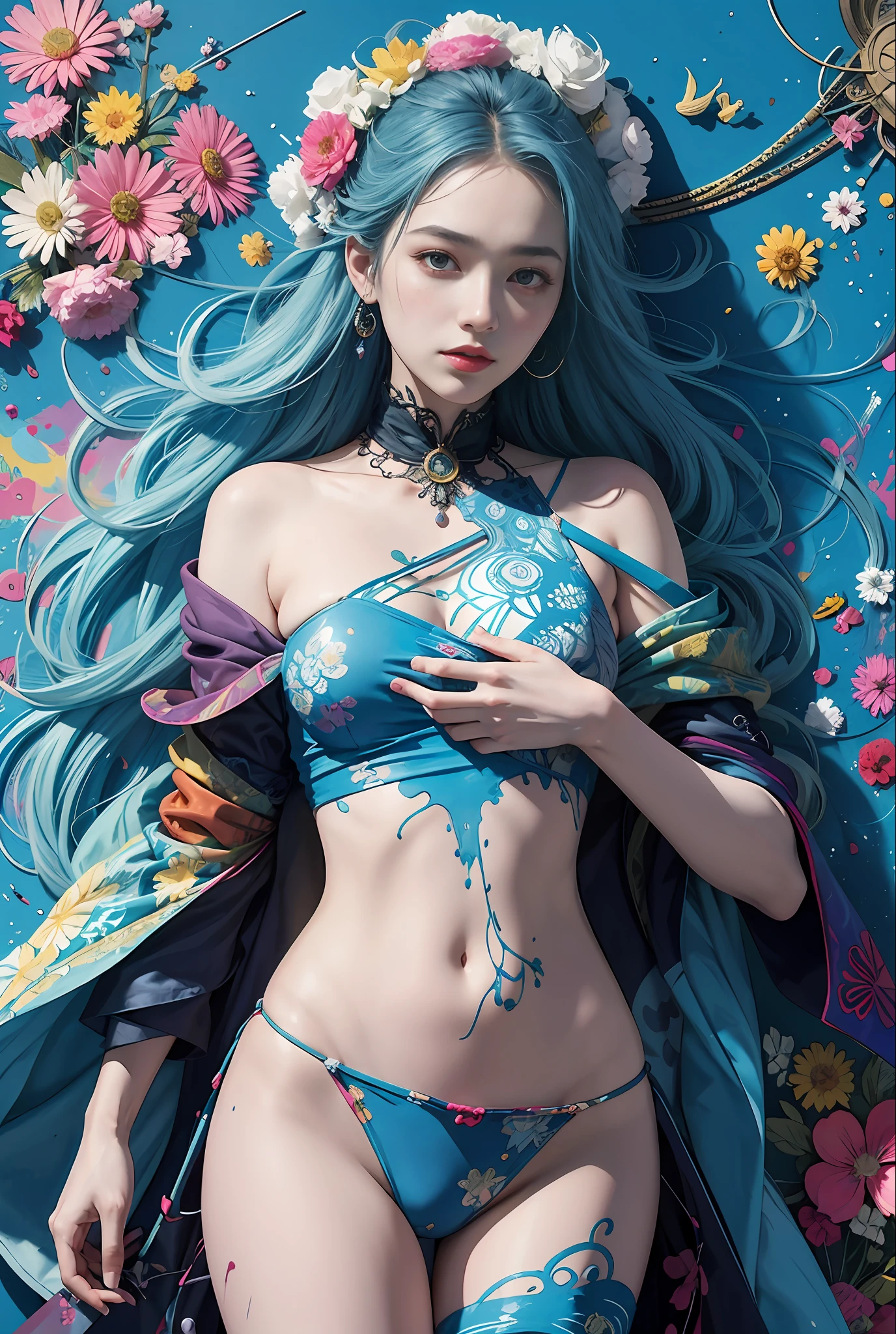 a woman with blue hair wearing a colorful outfit and a colorful background with paint splatters on it, by Hirohiko Araki,official art, unity 8k wallpaper, ultra detailed, beautiful and aesthetic, masterpiece, best quality, (zentangle, mandala, tangle, entangle), 1girl, extremely detailed, dynamic angle, cowboyshot, the most beautiful form of chaos, elegant, a brutalist designed, vivid colours, romanticism, by james jean, roby dwi antono, ross tran, francis bacon, michal mraz, adrian ghenie, petra cortright, gerhard richter, takato yamamoto, ashley wood, atmospheric, ecstasy of musical notes, streaming musical notes visible