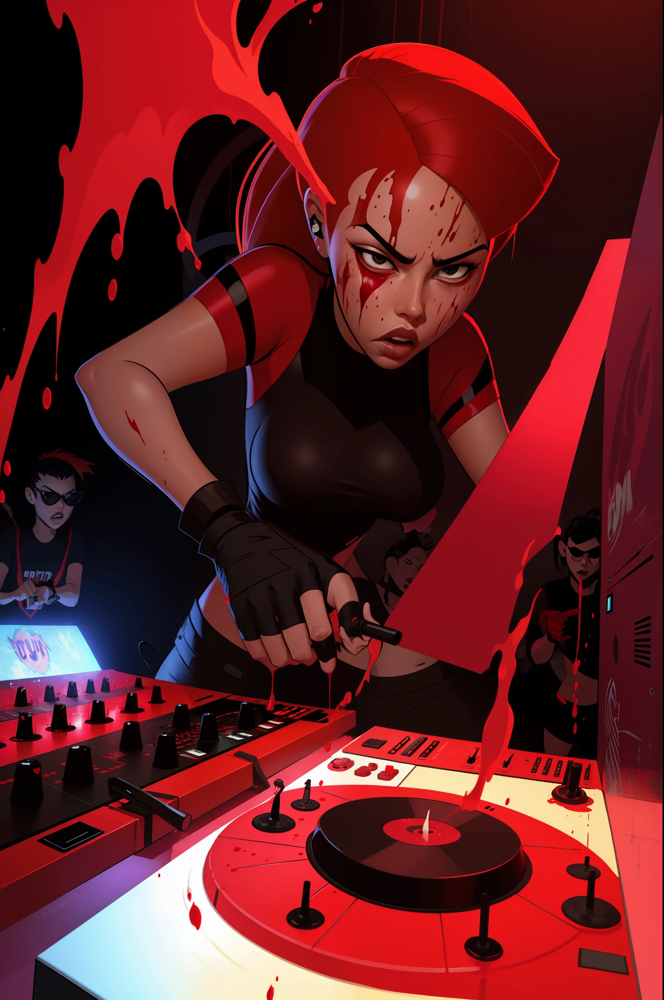 kim possible action shot of a blooded red liquid female assassin soaked in blood djing dj sctratching viynls bloody decks