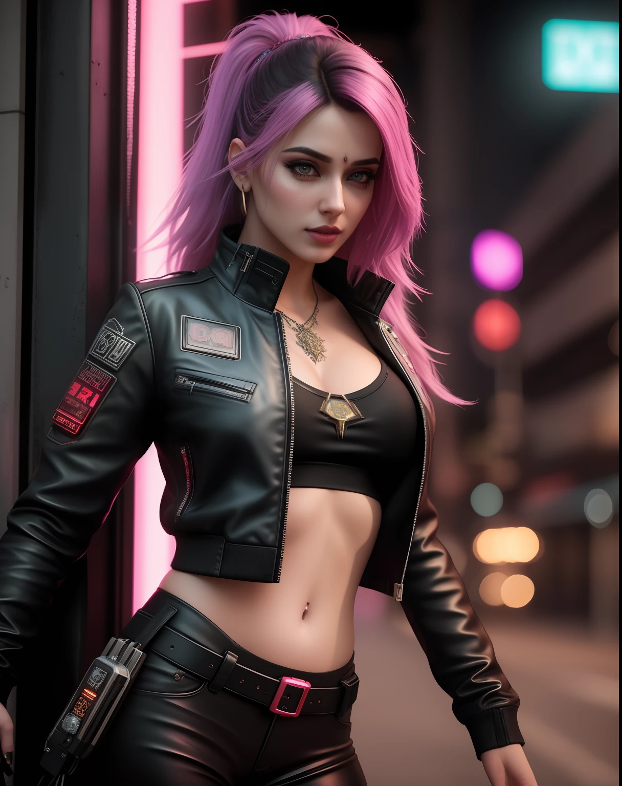 an ultra realistic portrait of a very beautiful indian woman posing for a photo in a leather jacket and colourful pants on a street, extremely detailed facial features, hero pose colorful city lighting, seductive cyberpunk dark fantasy, model girl, in cyberpunk style, cyberpunk beautiful girl, beautiful cyberpunk woman model, realistic Barbie doll , realistic anime style, cyberpunk outfit, female cyberpunk anime girl, urban fantasy style,cinematic, Hyper-detailed, insane details, Beautifully color graded, Unreal Engine, DOF, Super-Resolution, Megapixel, Cinematic Lightning, Anti-Aliasing, FKAA, TXAA, RTX, SSAO, Post Processing, Post Production, Tone Mapping, CGI, VFX, SFX, Insanely detailed and intricate, Hyper maximalist, Hyper realistic, Volumetric, Photorealistic, ultra photoreal, ultra-detailed, intricate details, 8K, Super detailed, Full color, Volumetric lightning, HDR, Realistic, Unreal Engine, 16K, Sharp focus, cgsociety 9, fractal isometrics details bioluminescens : a stunning realistic photograph 28 years