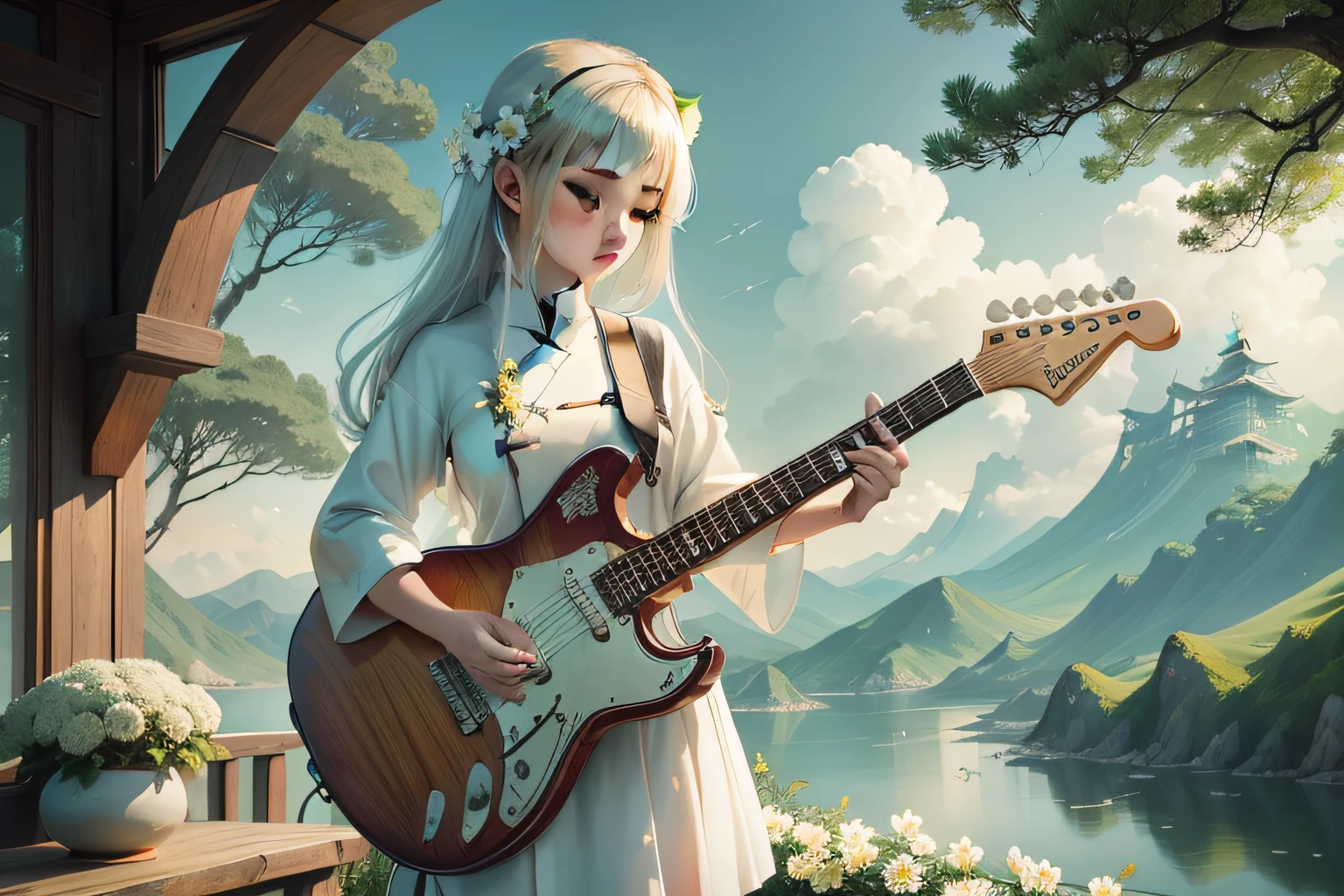 White electric guitar,teens girl,light wind,flower sea,green mountains,coziness,Traditional chinese painting,full bodyesbian