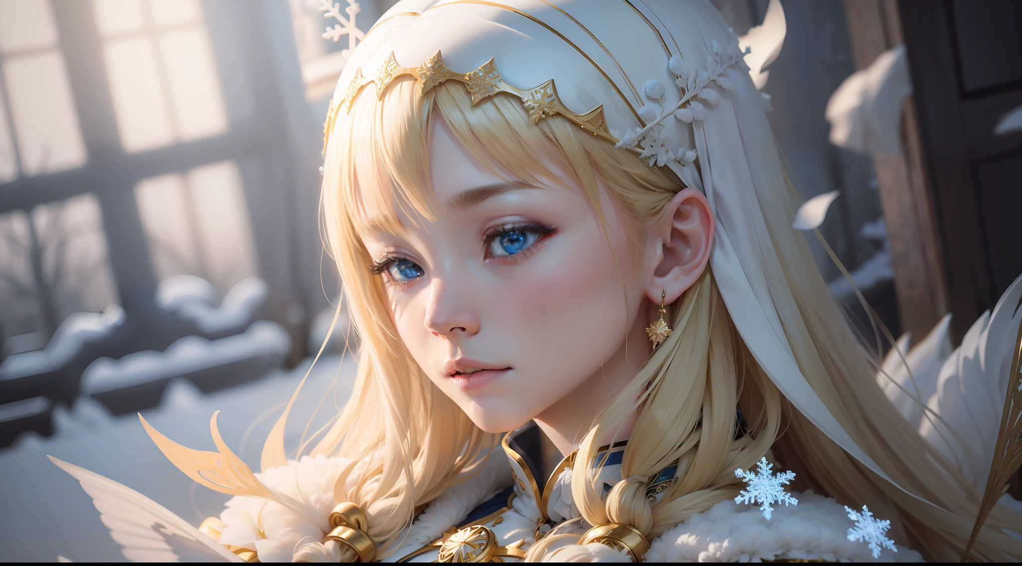 Snowflake、golden colored、white colors、Blue、Yu-hsien、solemnity、Fantastical、Fantastic、Ethereal、Photorealism Based Details Widget 1.3, Ultra-detailed depiction、Cinematic shots with HDR effect、Vignette and center screen、Generate in automatic mode