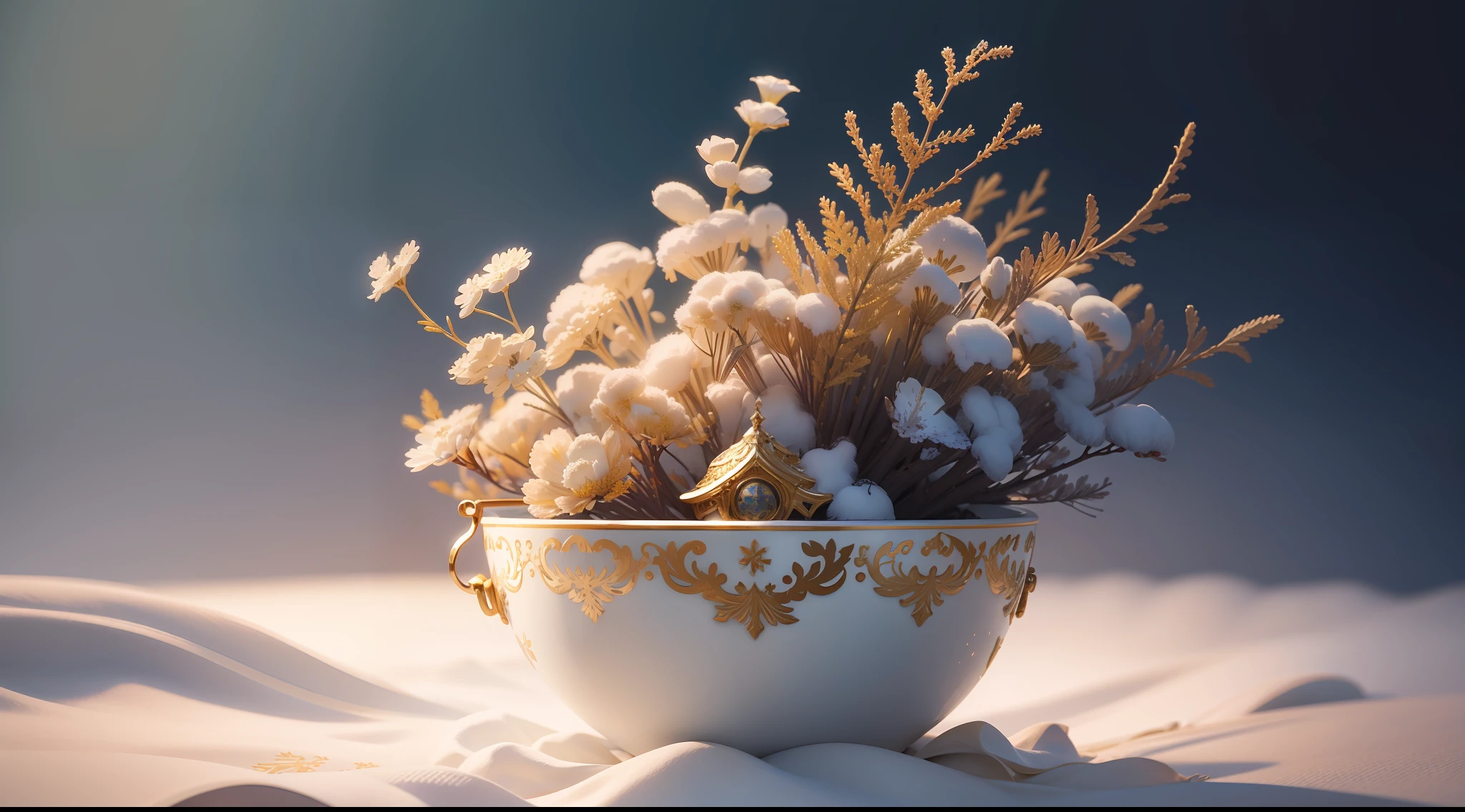 Snowflake、golden colored、white colors、Blue、Yu-hsien、solemnity、Fantastical、Fantastic、Ethereal、Photorealism Based Details Widget 1.3, Ultra-detailed depiction、Cinematic shots with HDR effect、Vignette and center screen、Generate in automatic mode
