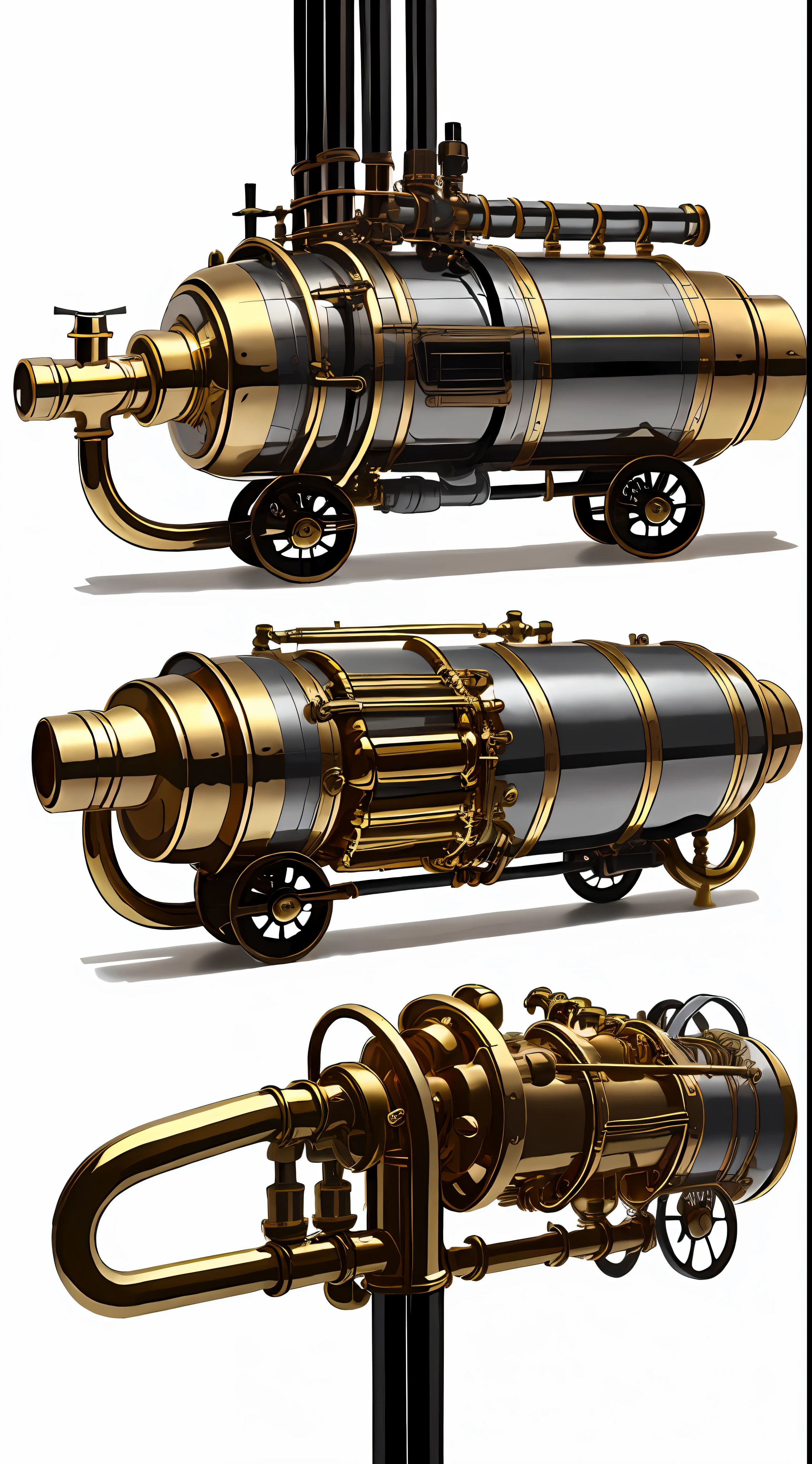 school bus、steampunc、from side view、brass、steel、Great photos of pipes、White background