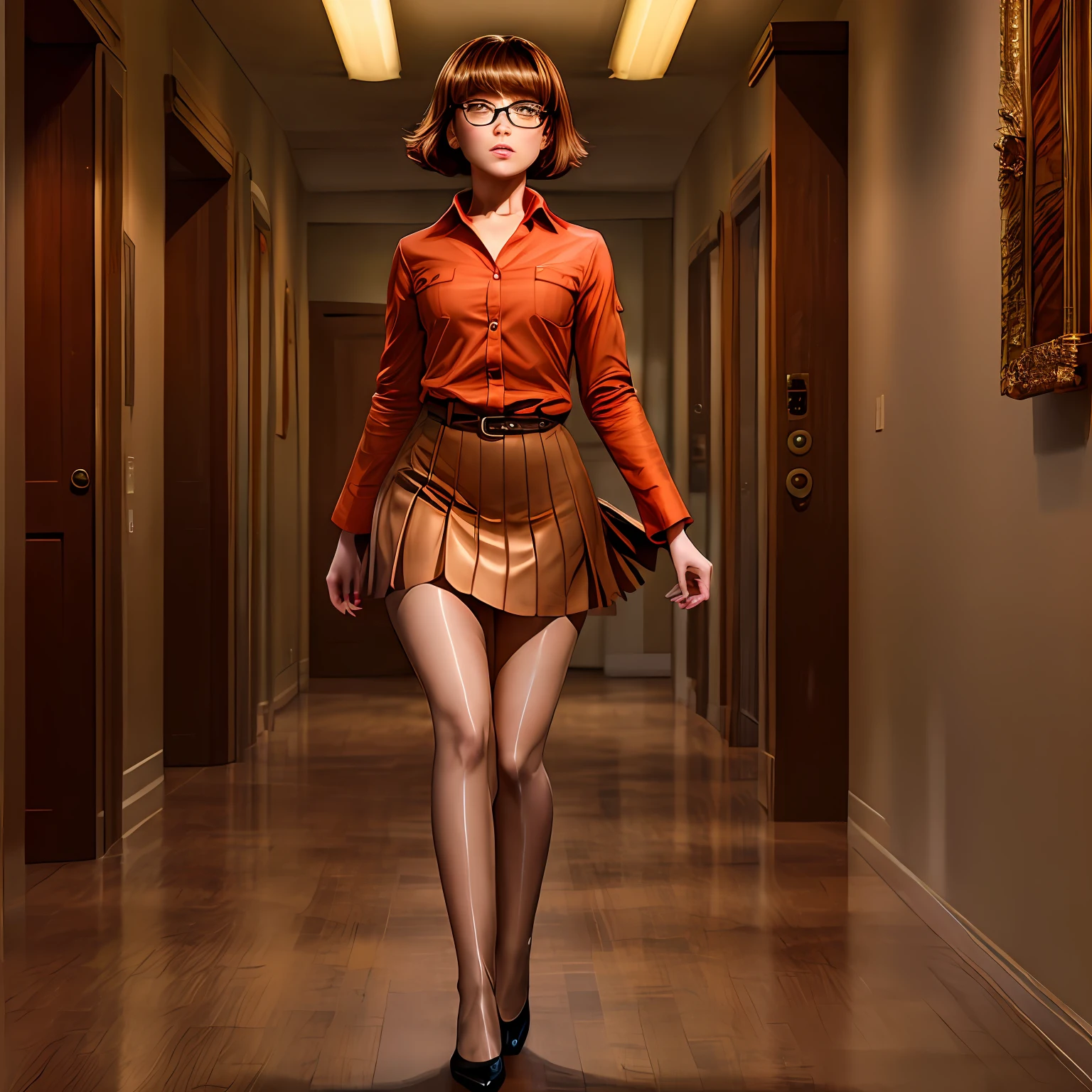 Full body view, feet in view, Velma Dinkley, solo, stripper, brown hair, dark blue eyes, detailed face, orange shirt, short red skirt, orange thigh high socks, no shoes
([Julianne Hough|Megan Fox|Christina Hendricks]:0.8), (puffy lips :0.9),
masterpiece, professional, high quality, beautiful, amazing, gothic, Getty Images, miko, giant,
photoshoot, 4k, realistic, detailed background, abhorrent, real life, by Walter Beach Humphrey, by Pierre Bonnard,