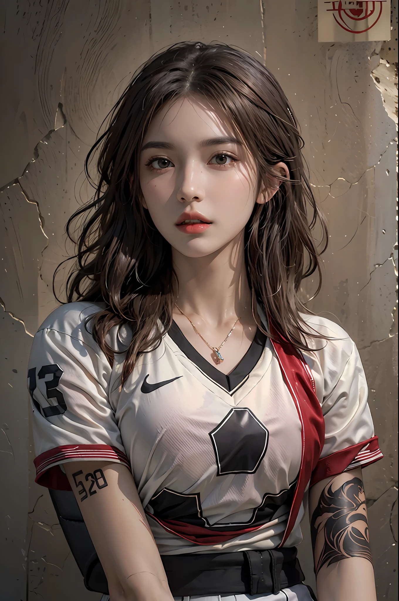 photorealistic, high resolution, 1women, solo, hips up, look at viewer, (detailed face), wavy hair, football uniform, tattoo, jewelry