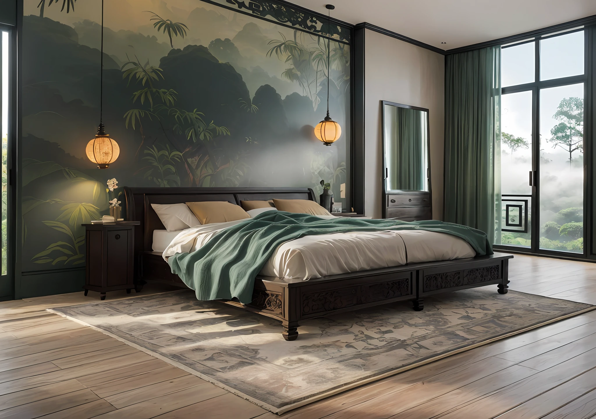 RAW photo, 8k, masterpiece, high quality, interior, indoors, natural light, bright sun, jungle view, foggy outdoor, indochine_bedroom, mirror, glass, indochine details, (indochine style:1.4), black