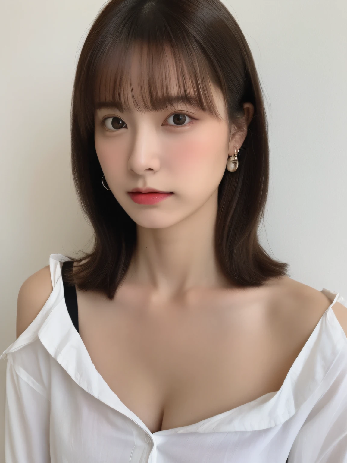 (masutepiece:1.2), Realistic, photo of 18 y.Girl in loose shirt(Unbuttoned shirt), half , Best Quality, Big breasts, Bare shoulders, cleavage, NSFW, [[Hands hidden behind the back]], earrings, Complete shirt, Black Choker, Solo, [SFW],