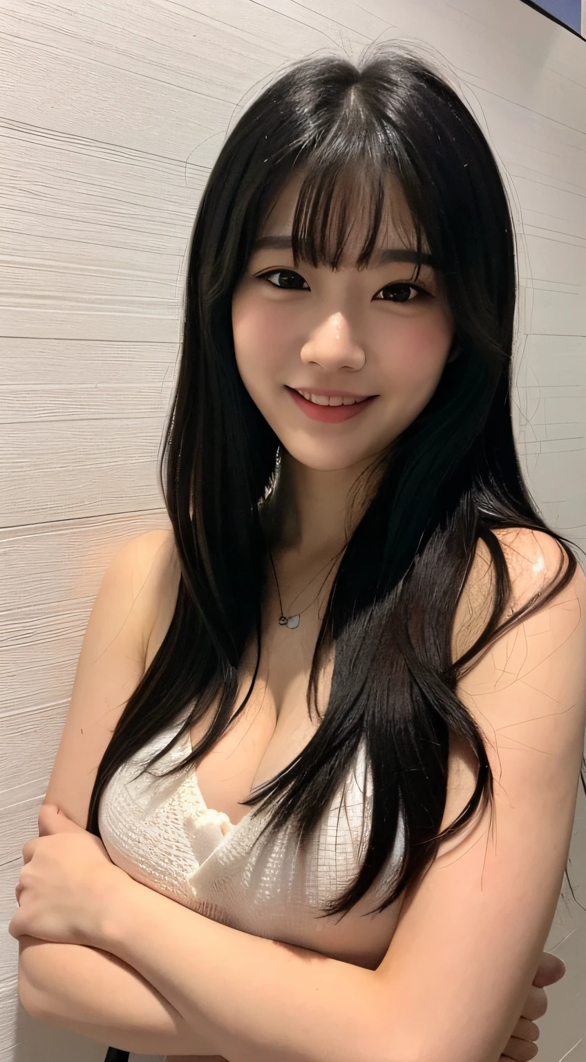 (Hyper-realistic) , (illustratio), (Increase the resolution), (8K), (extremely detaile), (Most Best Illustration), (美丽细致的眼睛), (best qualtiy), (ultra - detailed), (tmasterpiece), ( wallpaper), (详细的脸), 独奏,1个Giant Breast Girl, looking at viewert, exquisite detailing, 详细的脸, in the darkness nigth, deep shading, low tune,pureerosfaceace_v1, ssmile,long whitr hair,Black shawl straight hair,46 points oblique bangs,nakeness