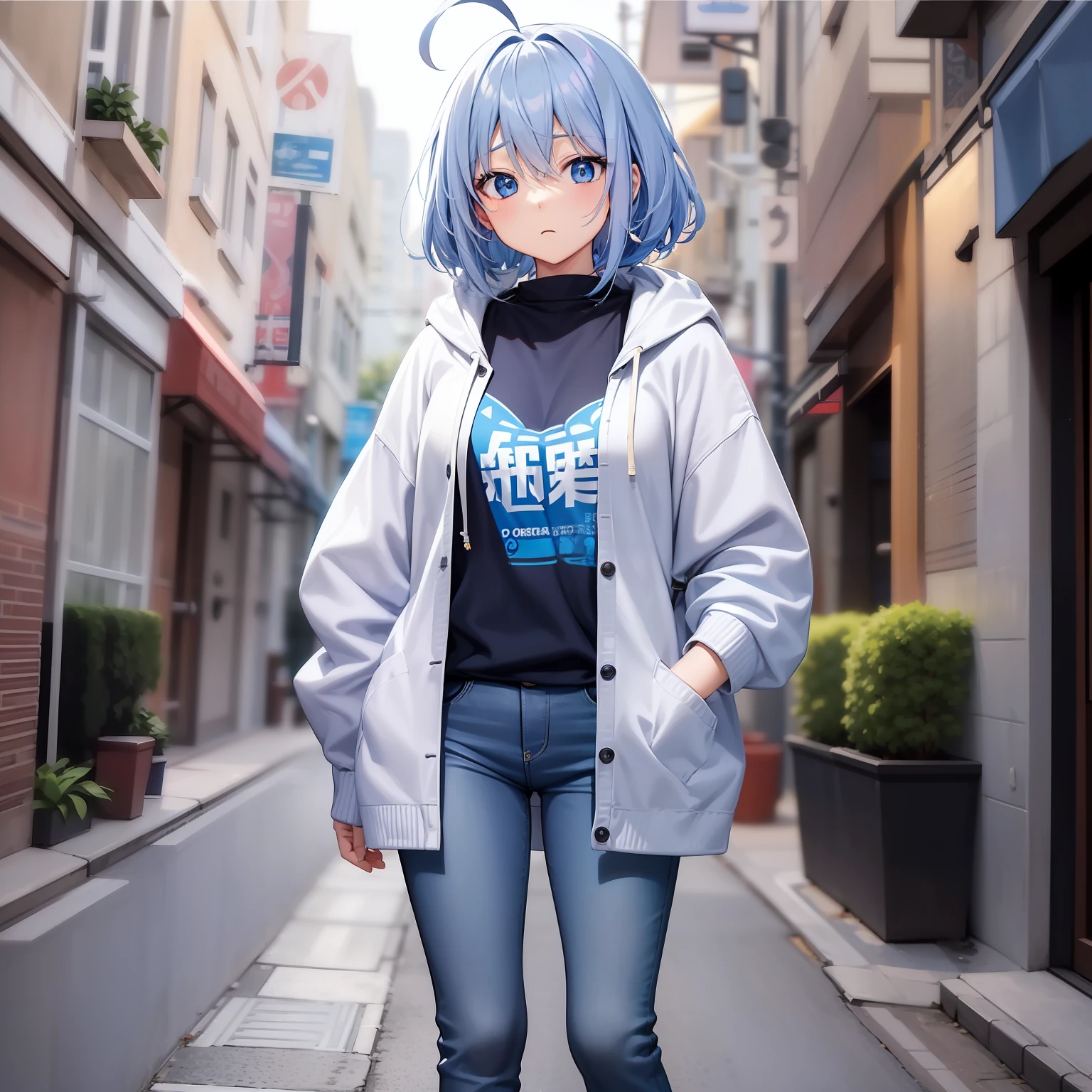 Anime style、女の子1人、full body Esbian、expressionless face、{hairstyle on:(one eye covered),(Cover your right eye),(blue hairs),(Twin-tailed),(Ahoge)},blue eyess,light blue cardigan,White inner shirt,jeans,Blue sneakers,facing front,to stand,