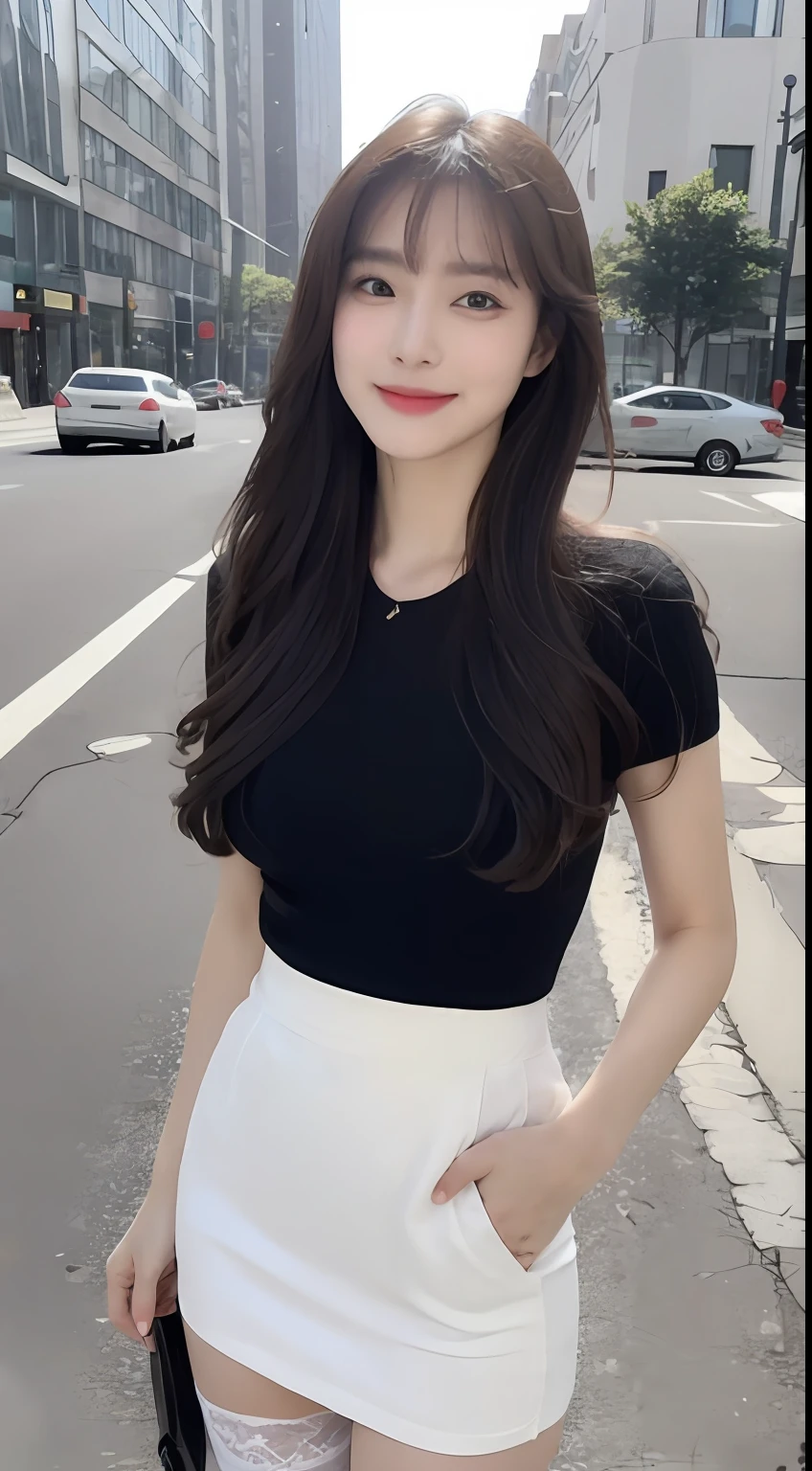 (1 Korean star with royal sister style), ((Best quality, 8K, 巨作: 1.3)), focal point: 1.2, Perfect body proportions: 1.4, (Make a smile), Watery eyes, Highly Detailed Face and Skin Textur, Fine eyes, Double eyelids, Whitens the skin, (long whitr hair, By bangs: 1.3), (face round: 1.5), (Slim fit hip skirt: 1.4), (Lace view: 1.6),(black lence stockings: 1.4),(JK style:1.4),(On the street:1.3),