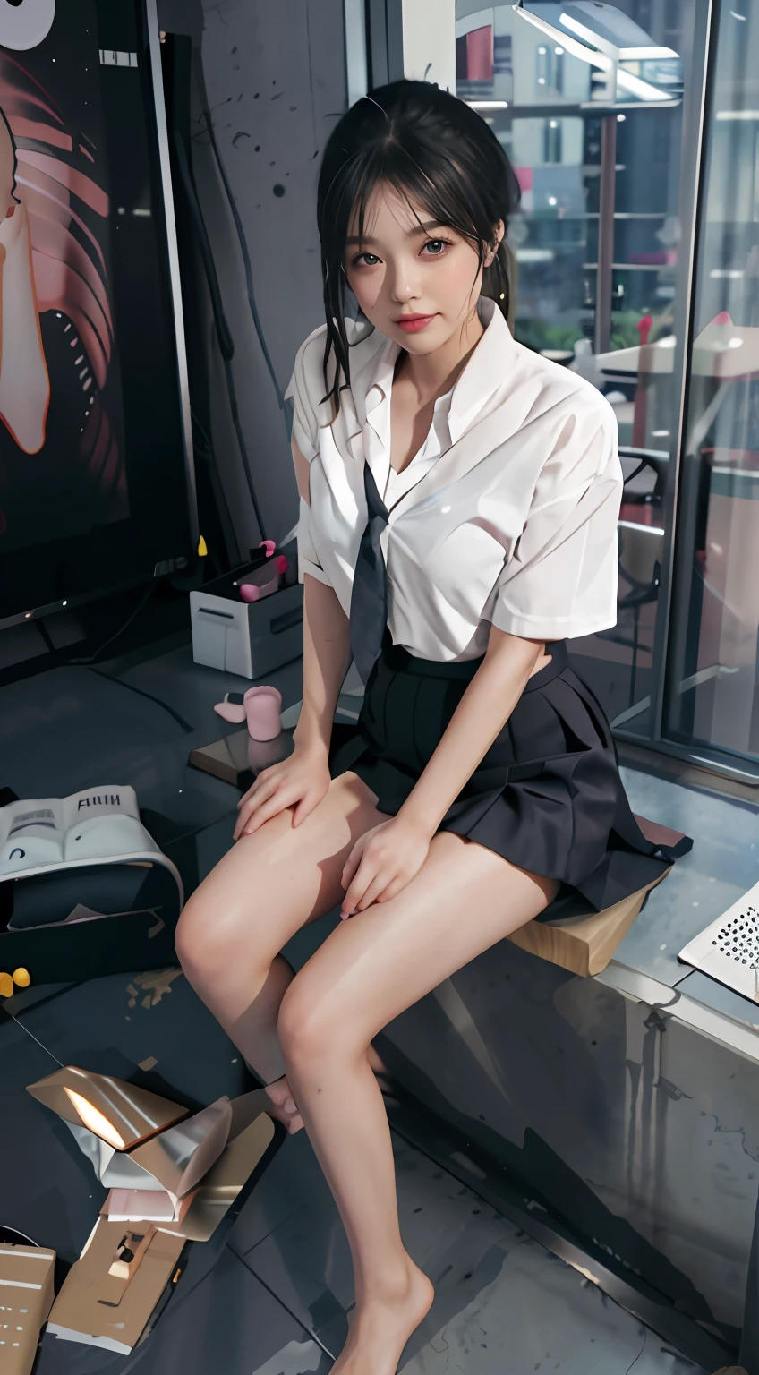 High quality, best quality, masterpiece, 8K, ultra-real, ridiculous, vibrator in panties, 1 girl, office, blonde, business suit, pen holder skirt, standing with legs extended: 1.1, blush, ponytail, wet panties, sitting, wet floor, (open clothes, expose entire breasts, flirt skirt: 1.1),
