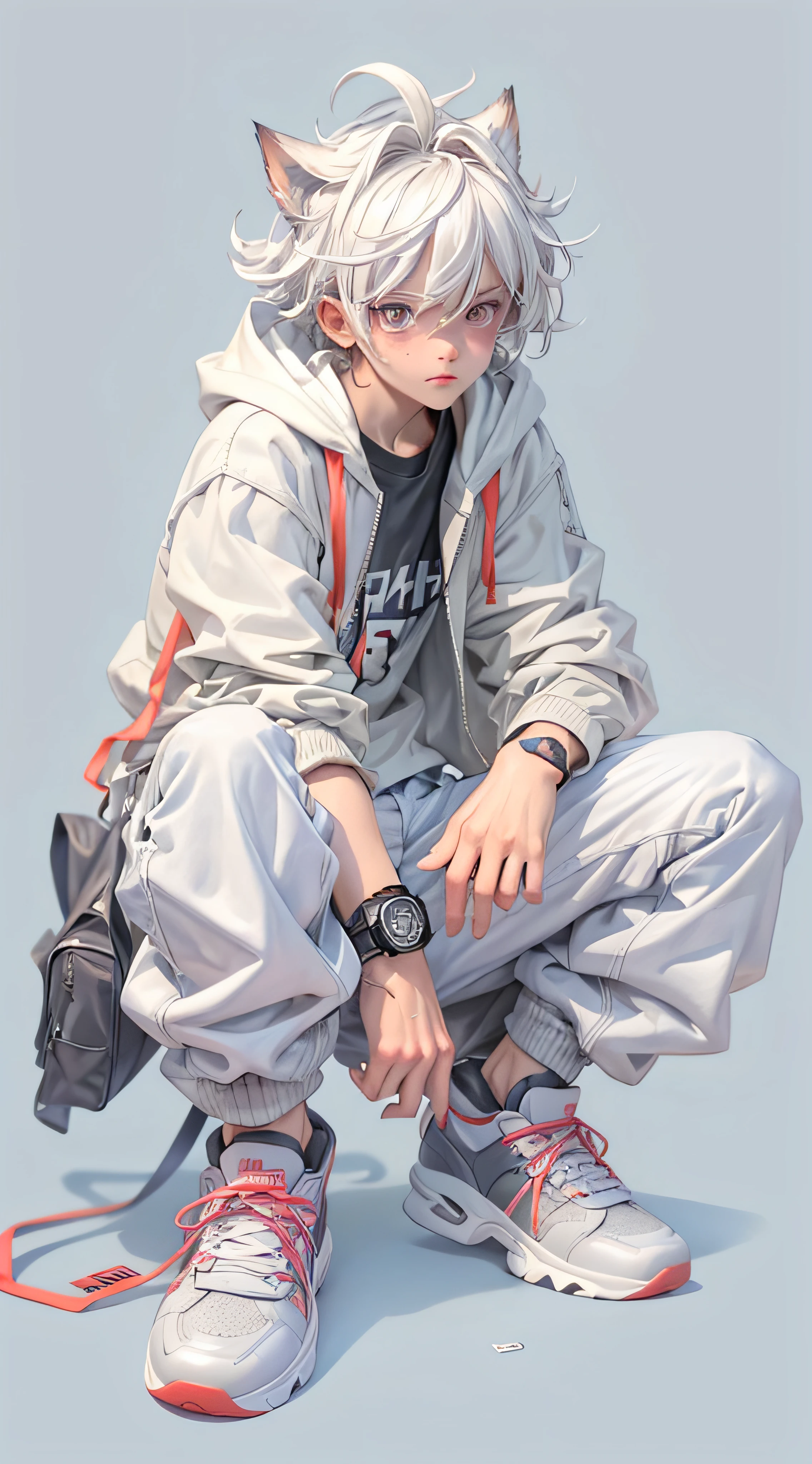 a masterpiece,Bestquality,offical art,8kwallpaper,Extremely Detailed,Illustration,1BOY,Trendy outfits,watch,sneaker shoes,squat down,Hands droop naturally,Hooded jacket,Street side,diamond face, Short white curly hair, sunken eyes, broad with large nostrils nose,