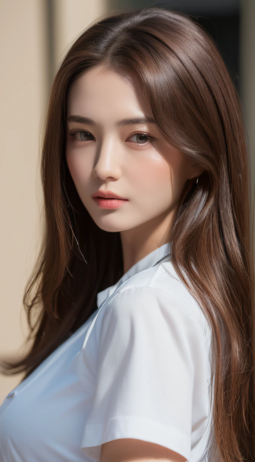 ((Best quality, 8k, Masterpiece :1.3)), Sharp focus :1.2, A pretty woman with perfect figure :1.4, Slender abs :1.2, ((Dark brown hair, Big breasts :1.2)), (White button up long shirt :1.1), City street:1.2, Highly detailed face and skin texture, Detailed eyes, Double eyelid