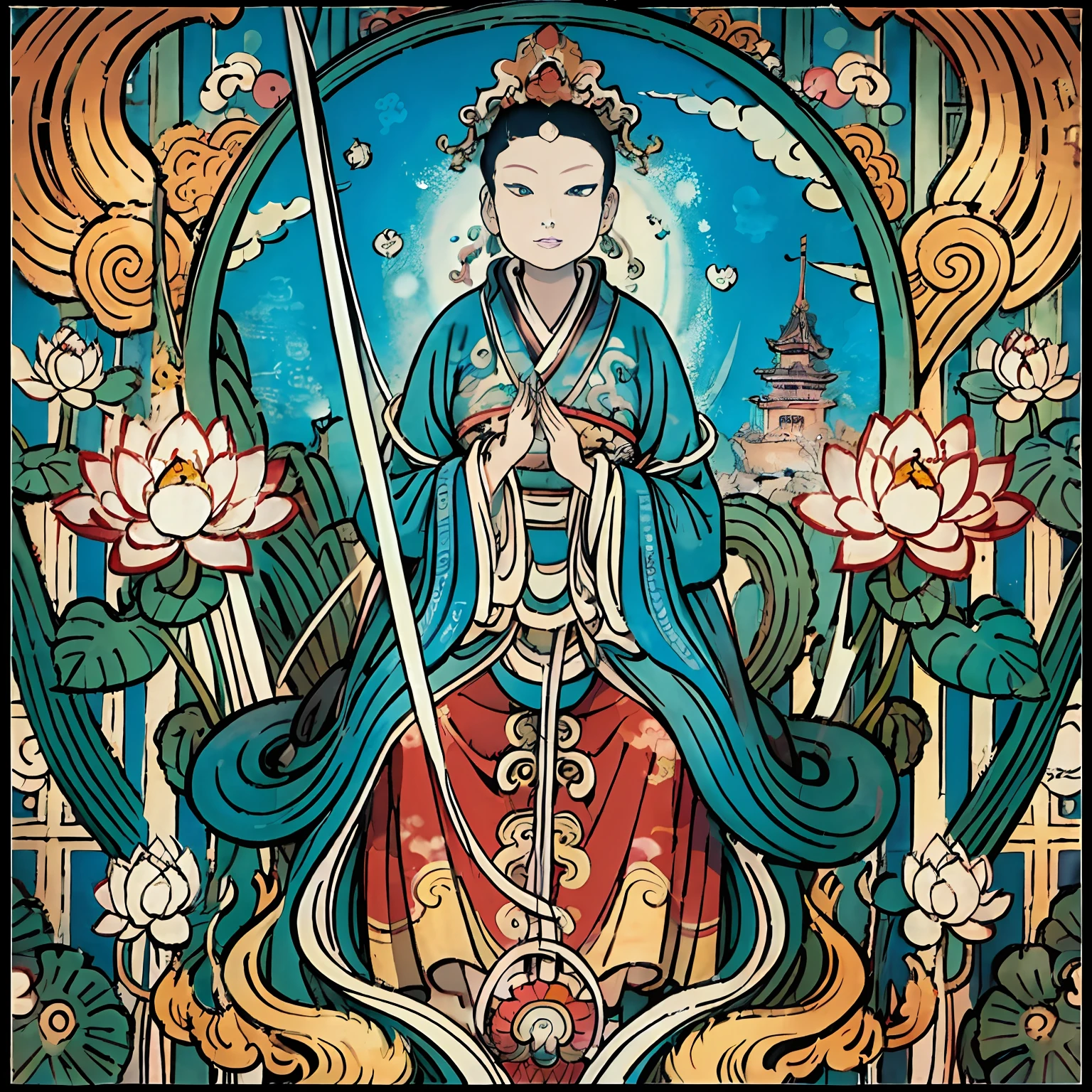 Oriental dragon，Guanyin sits on a lotus throne, Guanyin Bodhisattva, Avalokitesvara, lotus flowers in the foreground, Clear fingers, Clear and distinctive toes, Clear and vivid facial features,jewelry, leafs,one tiger