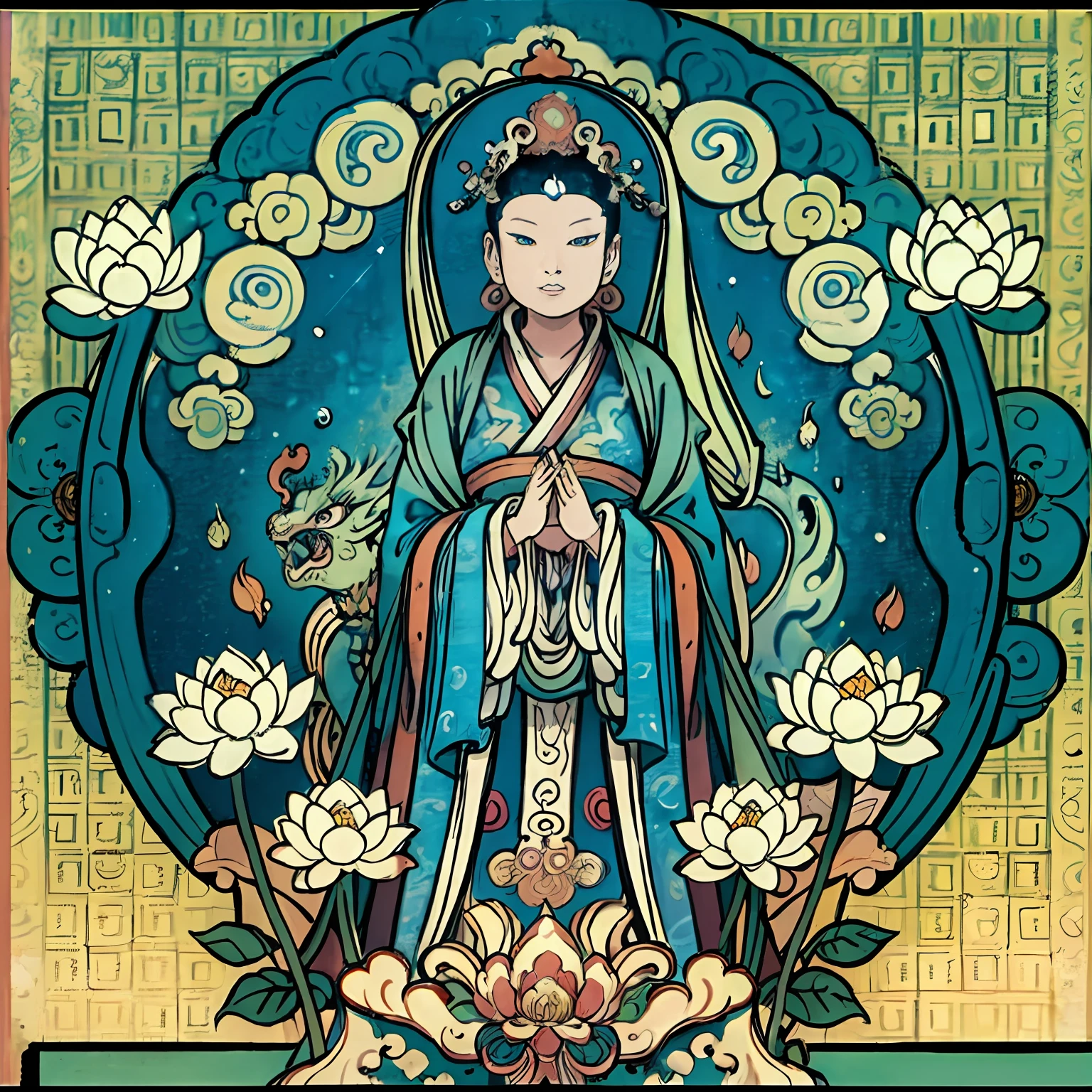 Oriental dragon，Guanyin sits on a lotus throne, Guanyin Bodhisattva, Avalokitesvara, lotus flowers in the foreground, Clear fingers, Clear and distinctive toes, Clear and vivid facial features,jewelry, leafs,one tiger